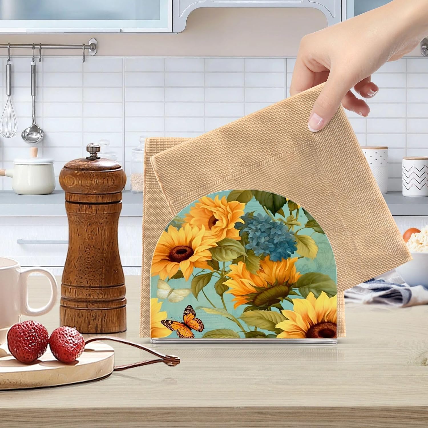 Sunflower and Butterfly Acrylic Napkin Holder Clear Crystal Tissue Paper Dispenser for Table, Kitchen Countertop, Restaurant, Decor
