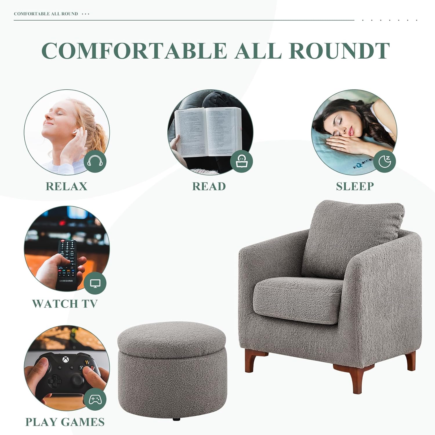 COLAMY Juego de silla decorativa Sherpa y otomana de almacenamiento, moderno tapizado de tela para sala de estar, sillón con almohada trasera y