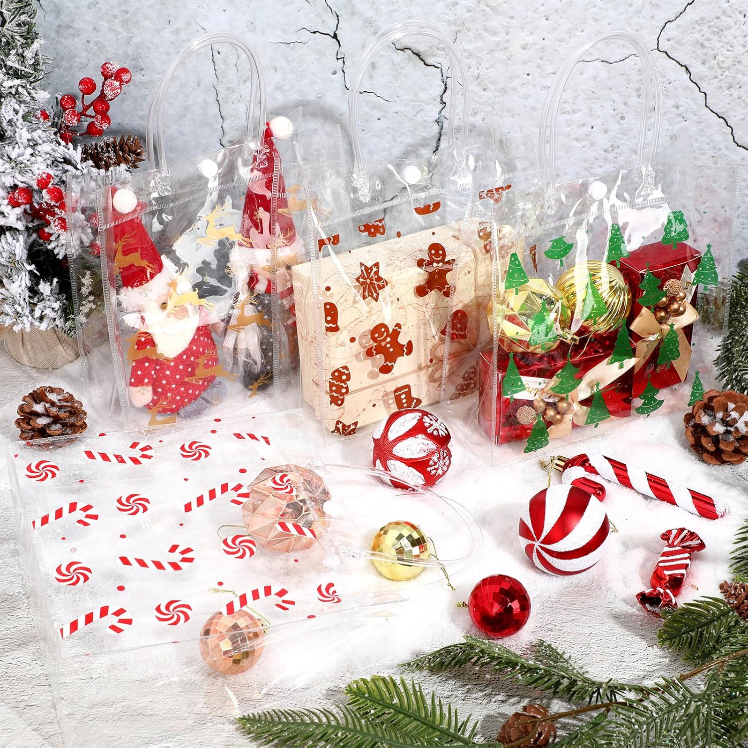 Zhanmai 24 bolsas de regalo de plástico transparente de Navidad con asa, bolsas reutilizables para envolver regalo, árbol de Navidad, pan de