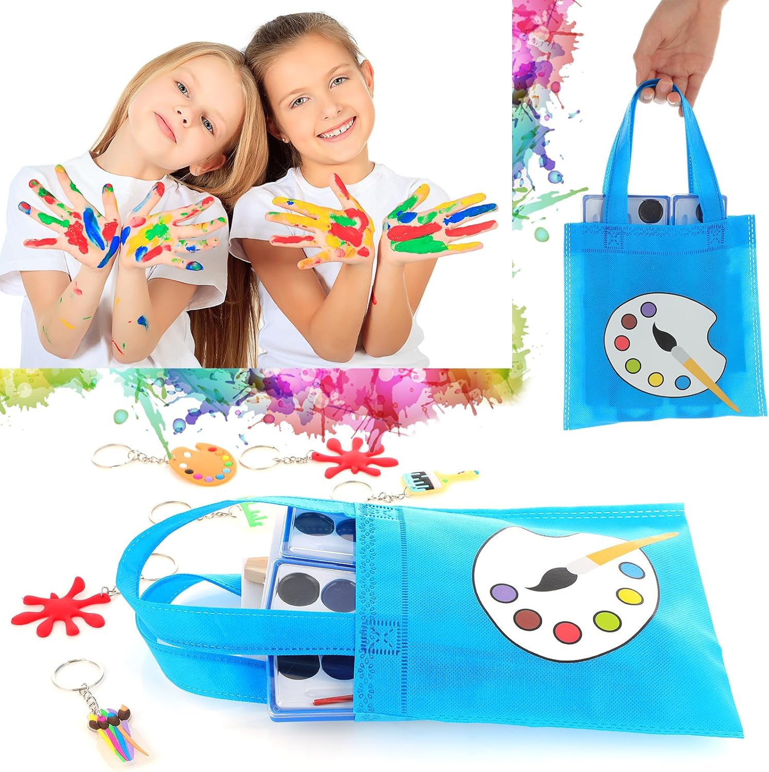 Zhanmai Pintura para fiestas de niños pequeños, pintura artística, lienzo, acuarela, pintura artística, pajitas, llavero, bolsas temporales de