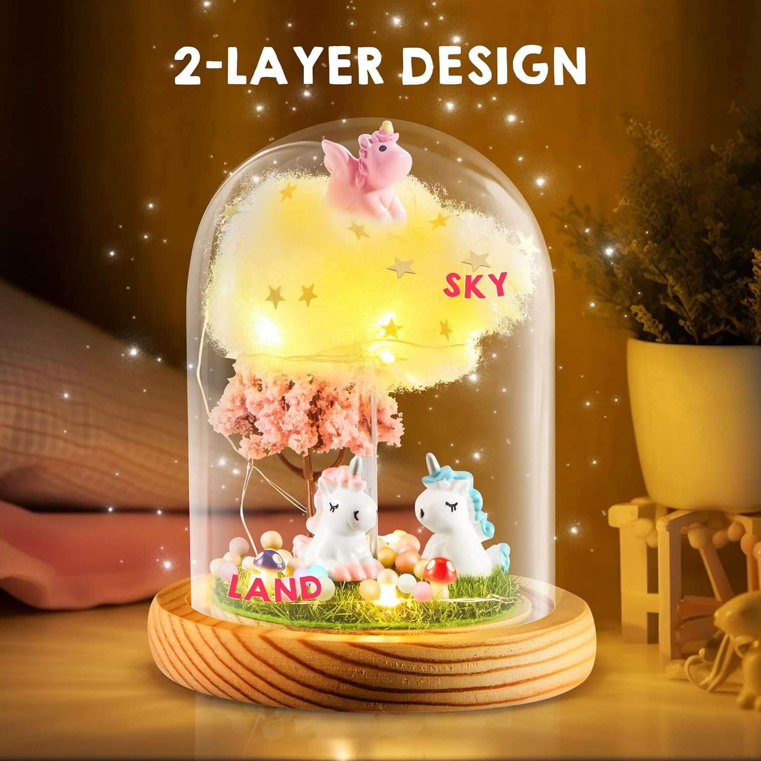 JOYIN Luz nocturna de unicornio de 2 capas, regalos de manualidades de cumpleaños para niñas y niños, kit de terrario de unicornios para niños,