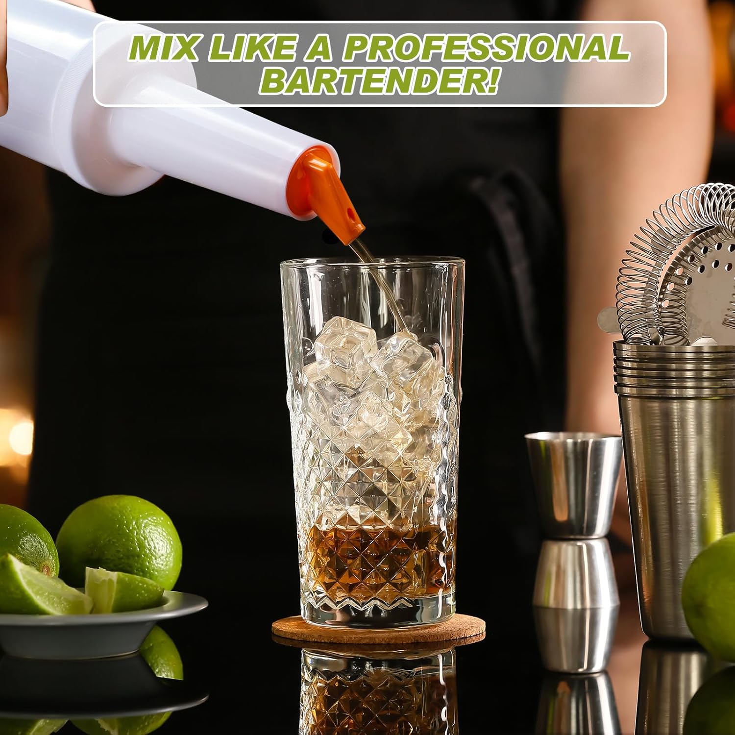 Seewey Bandeja de condimentos con 2 botellas de jugo de fruta y licor, 12 piezas de vertedores de botellas de licor, bandeja de condimentos