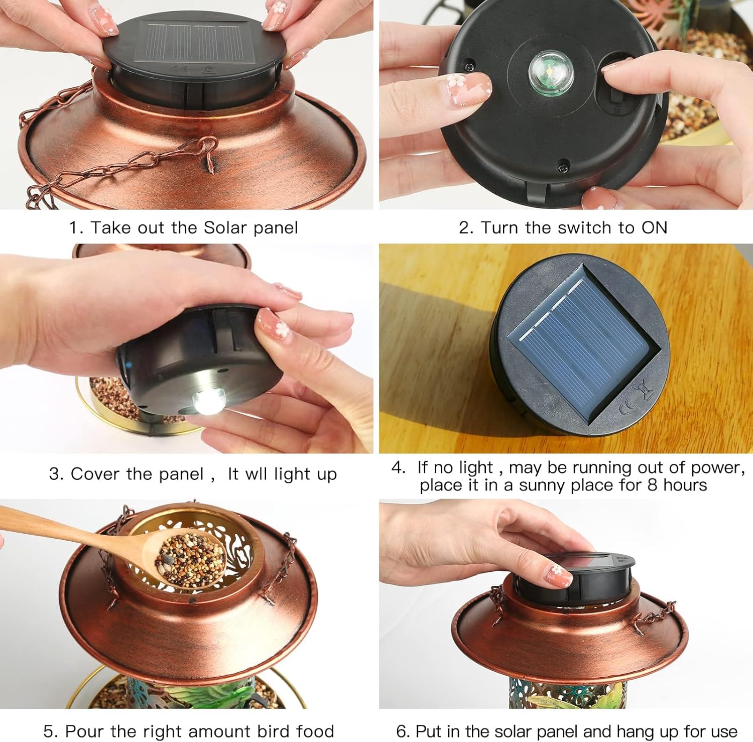 Comedero solar para pájaros para colgar al aire libre, comedero de colibríes, metal solar impermeable para exteriores, comederos cardenales, luz
