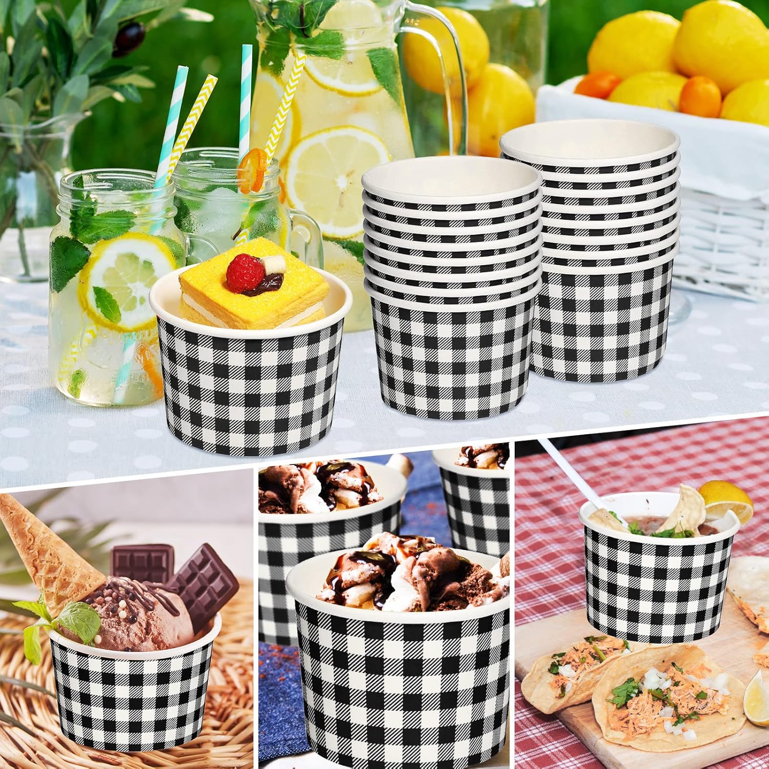Sieral Vasos de papel para helado de 9 onzas, tazones de papel desechables de guinga, tazas de picnic a granel, postre de pícnic, taza de papel a