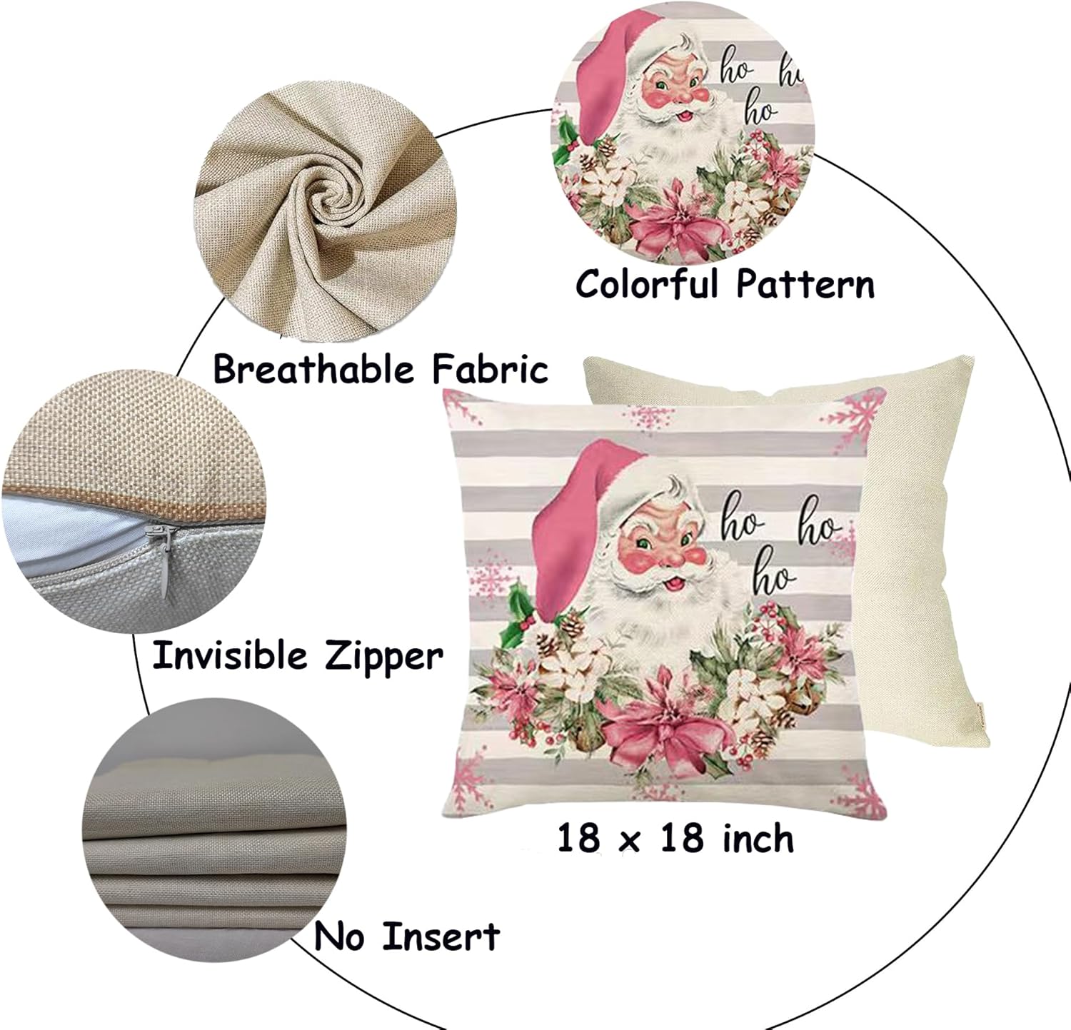 HOOLRO 4 fundas de almohada familiares de Navidad de 18 x 18 pulgadas, fundas de almohada de Navidad rosa con texto en inglés “Merry Winter”, fundas