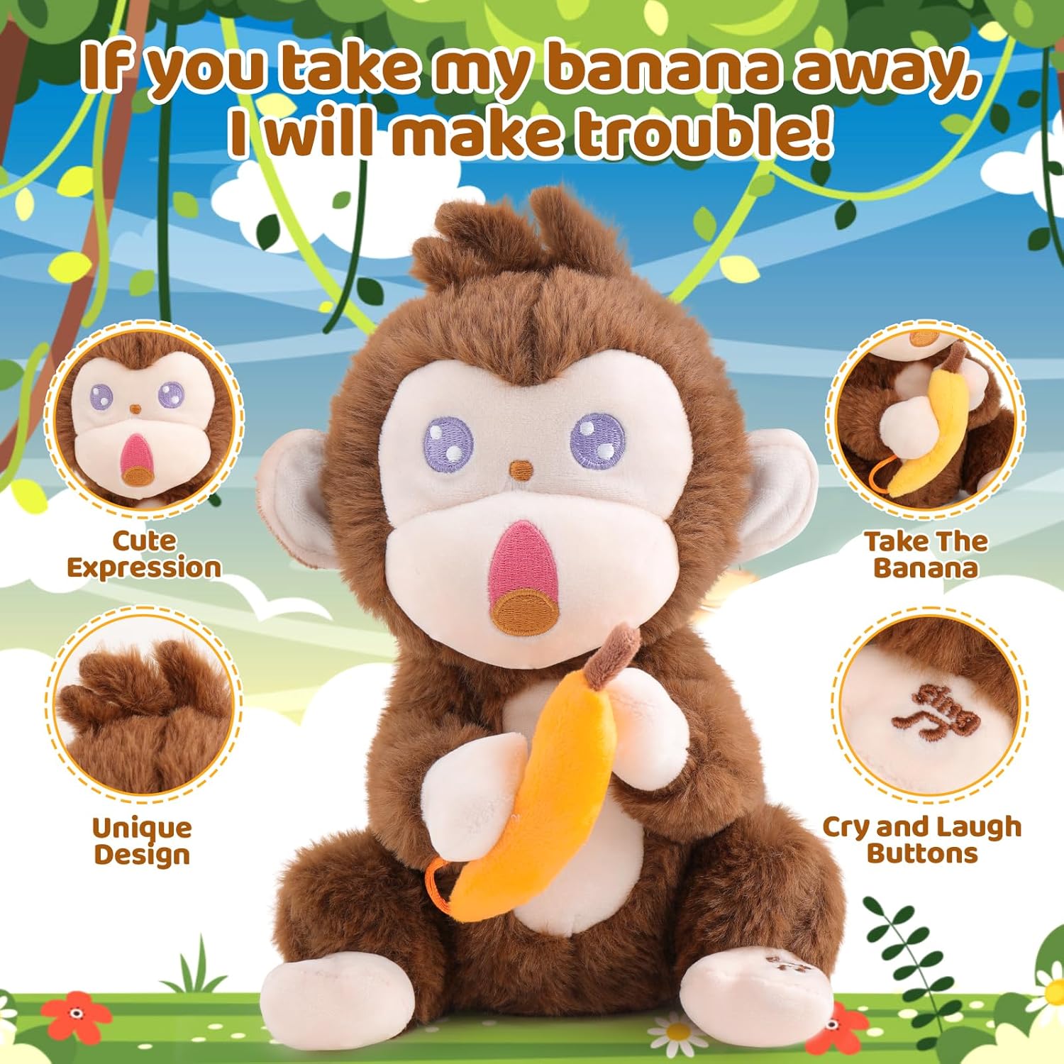 Emoin Monkey Stuffed Animals The Playful Monkey – Juguete interactivo de peluche de mono enojado, no tomes su plátano, mono interactivo, plátano,