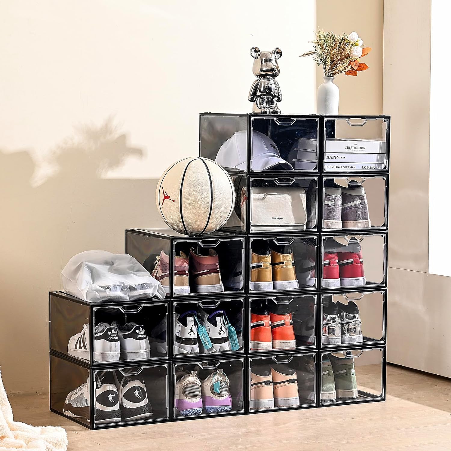Cajas de almacenamiento de zapatos transparentes apilables, paquete de 6 organizadores de zapatos para armario, caja de tenis, ajuste fuerte y