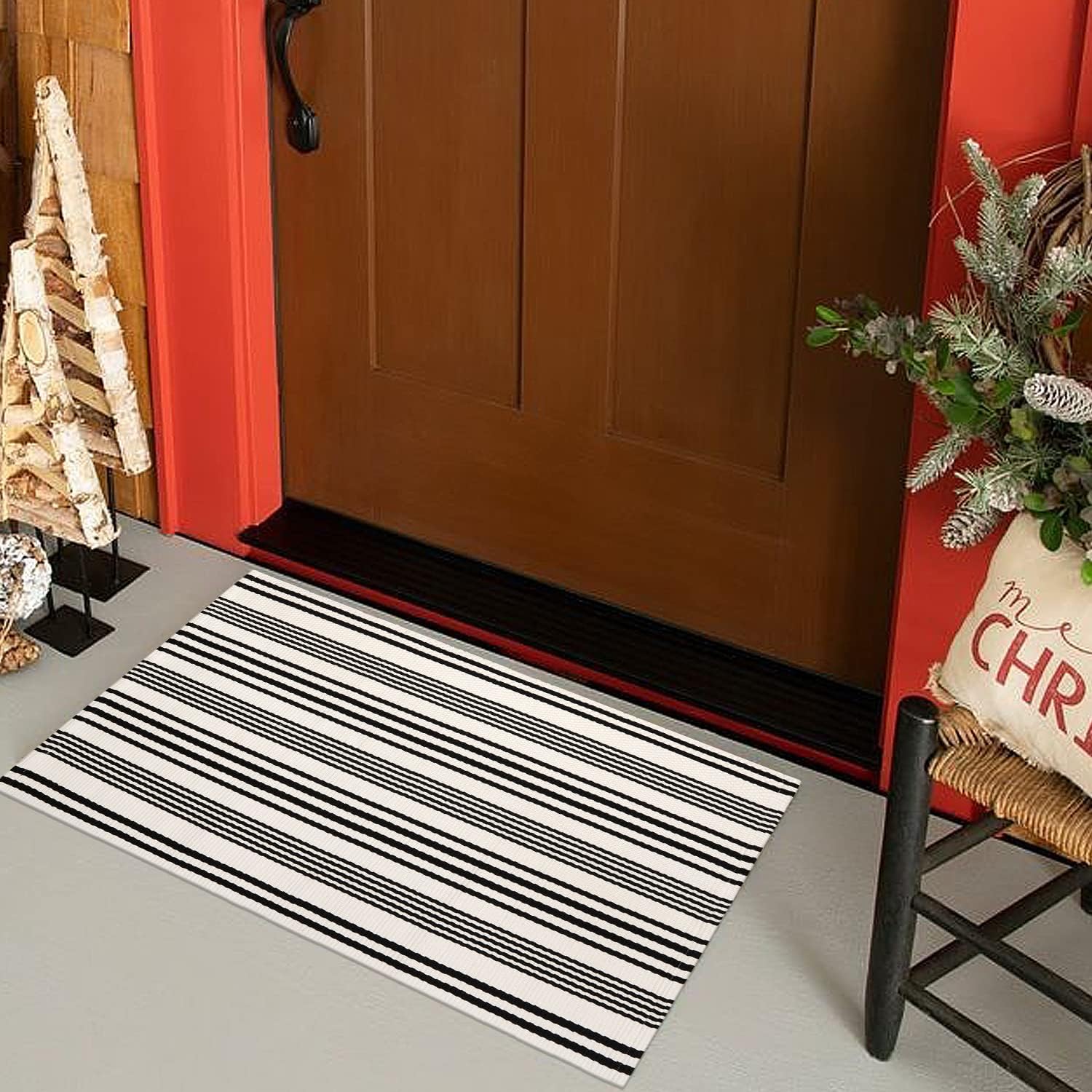 Alfombra de exterior a rayas blancas y negras, 2 x 3 pies, de algodón, moderna, tejida a mano, reversible, para porche, puerta de bienvenida,