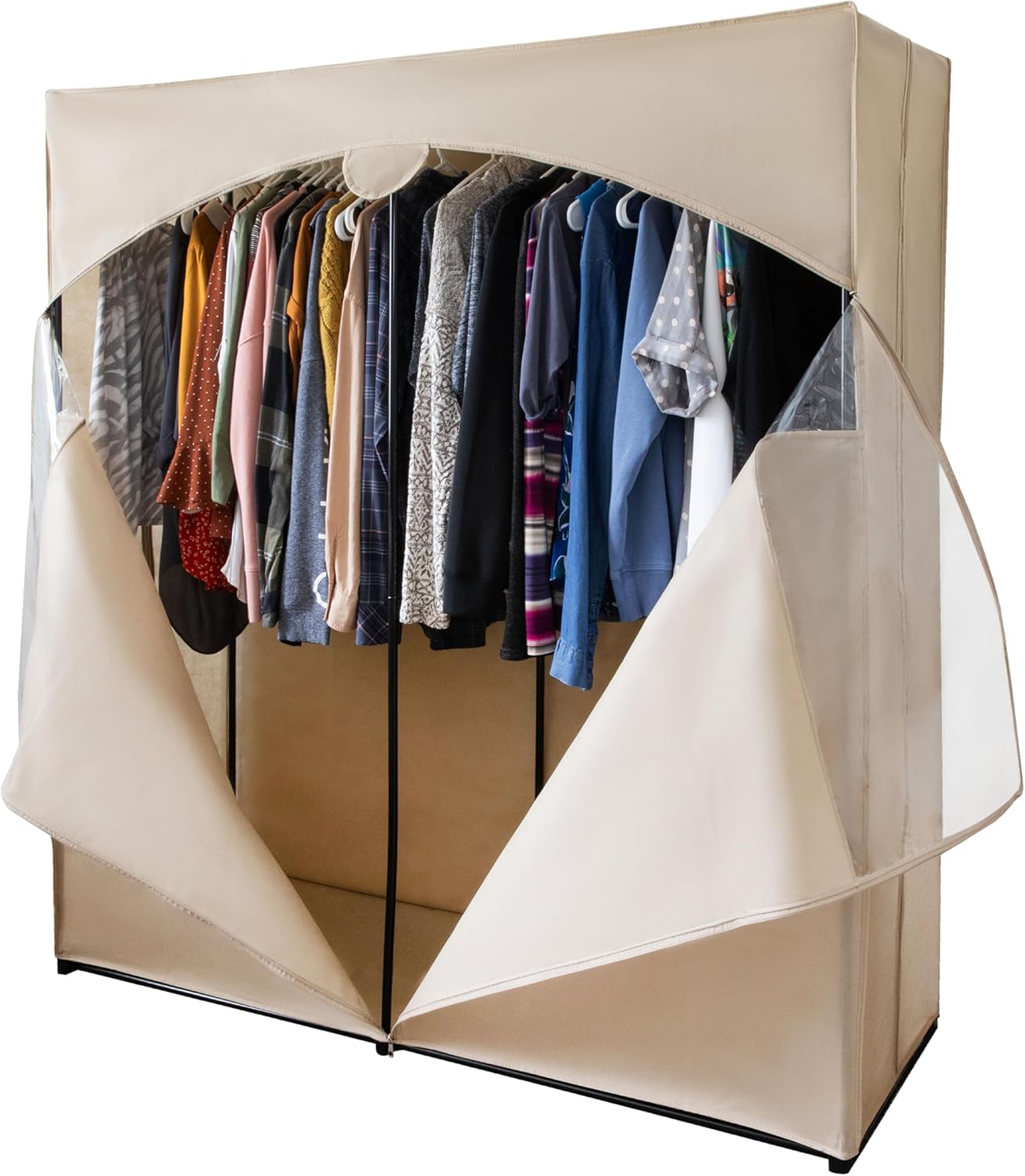 HOLDN’ STORAGE Armario portátil para colgar ropa con cubierta beige, grande, barra para colgar resistente con 50 libras. Capacidad de peso montaje