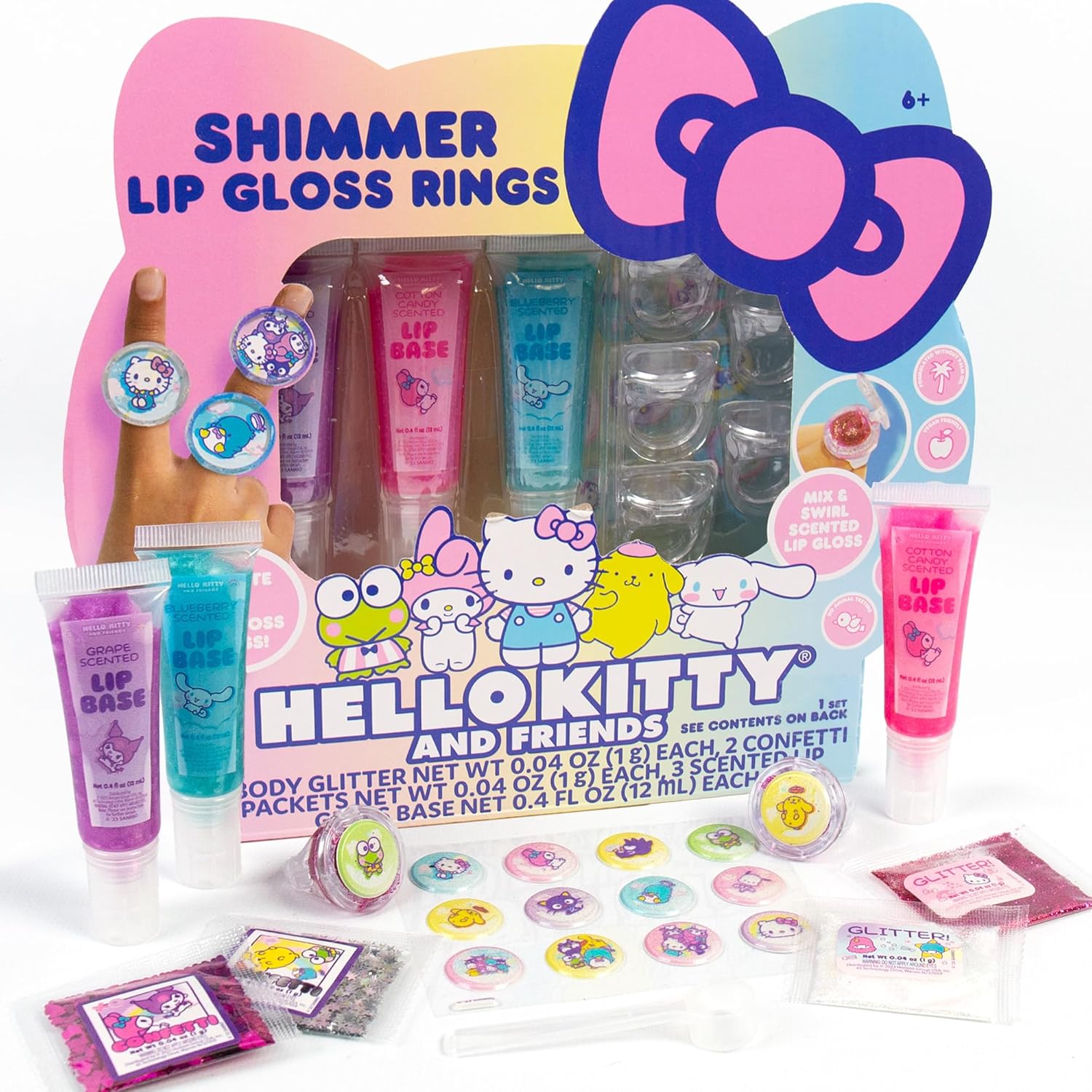Hello Kitty Sanrio and Friends – Kit de fabricación de brillo labial brillante, hace 5 anillos de brillo de labios con purpurina, kit de brillo de