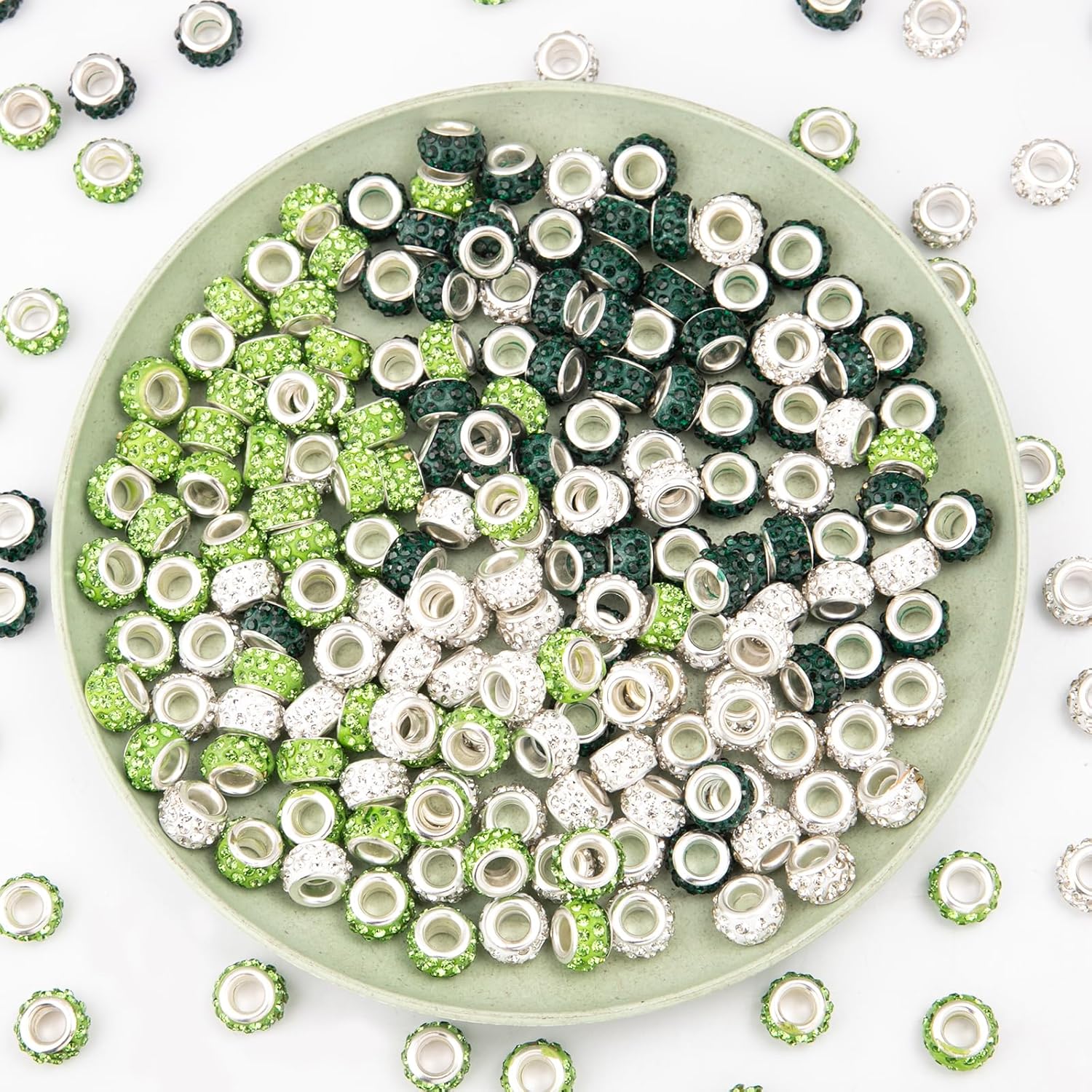 200 cuentas espaciadoras europeas de agujeros grandes, cuentas de artesanía europeas verdes con diamantes de imitación, cuentas de jardín de hadas