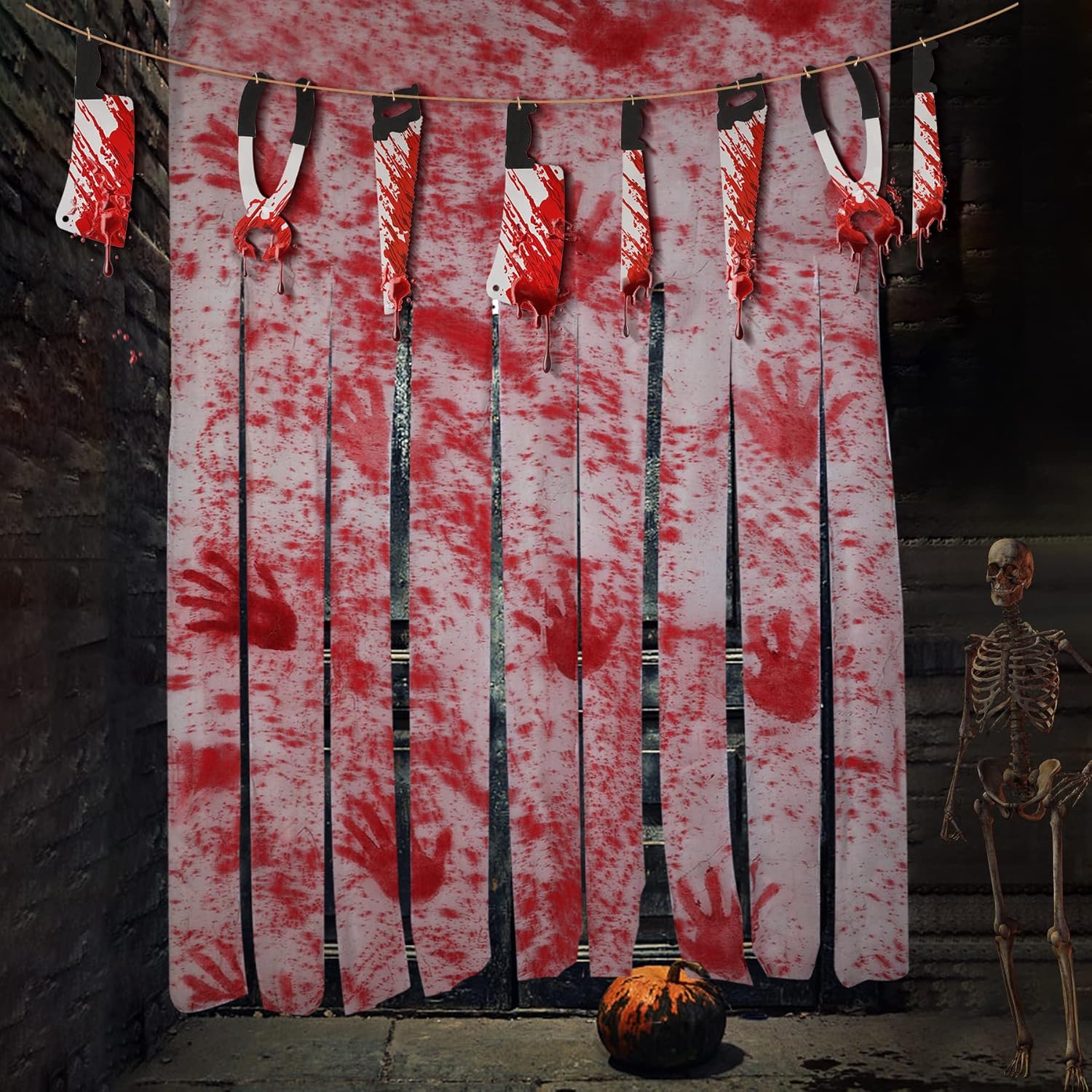 2 decoraciones de puerta de Halloween con impresiones a mano, 1 pancarta de guirnalda de armas de sangre de Halloween, decoración de Halloween,