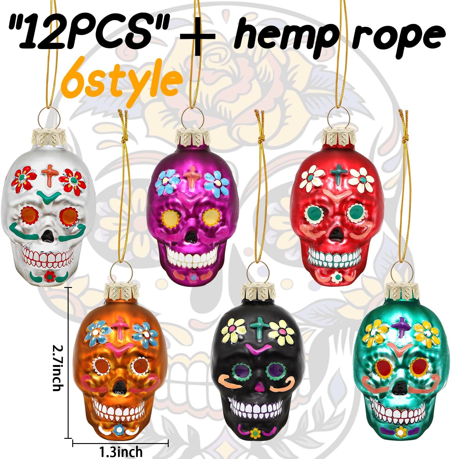 12 adornos de calavera de cristal del Día de los Muertos, adornos colgantes de calavera de azúcar para Halloween, decoración de cabeza de esqueleto