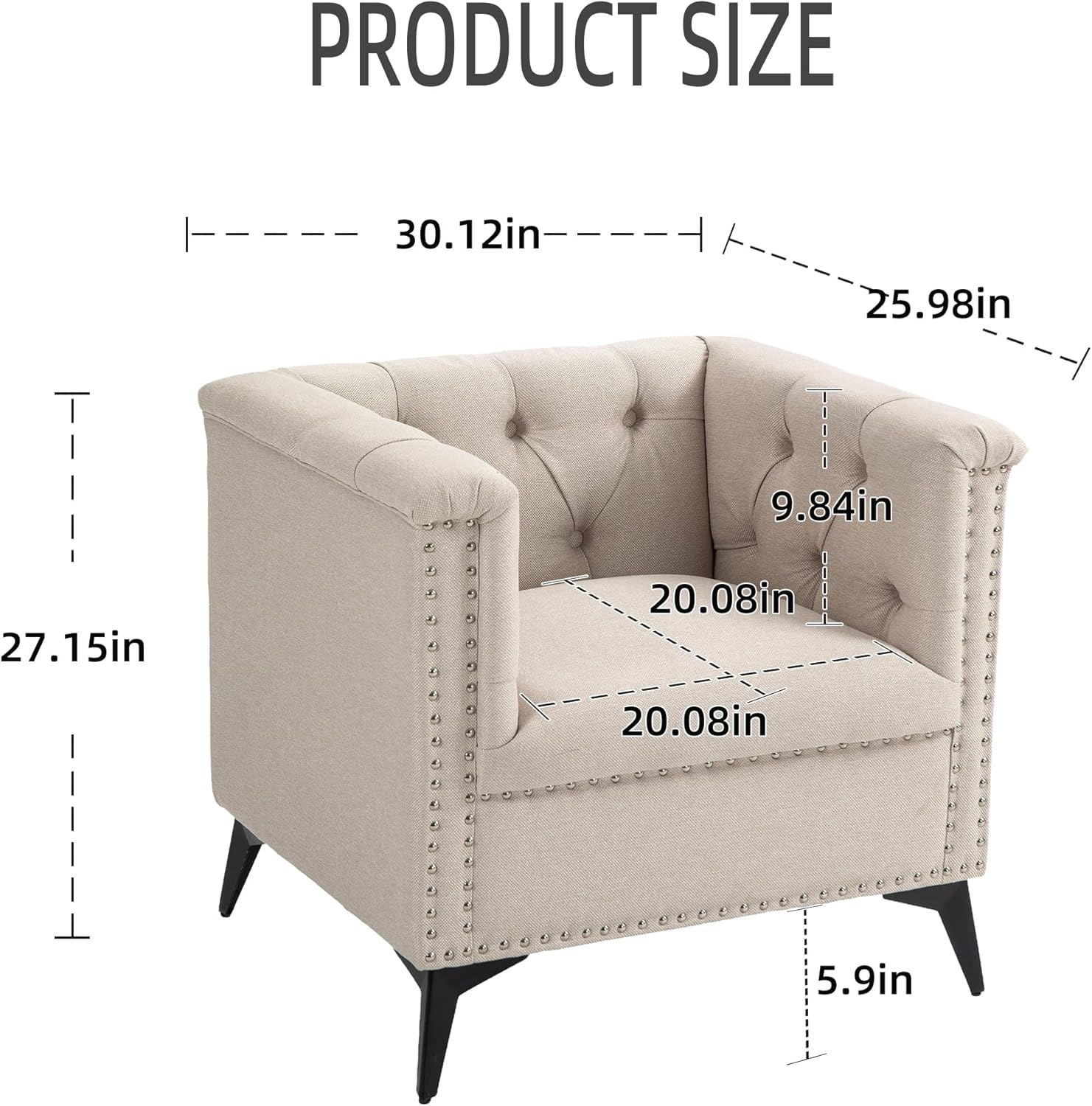 Silla decorativa Mid-Century, cómodo sofá individual con asiento cuadrado, moderno sillón decoración de remaches para sala de estar, dormitorio,