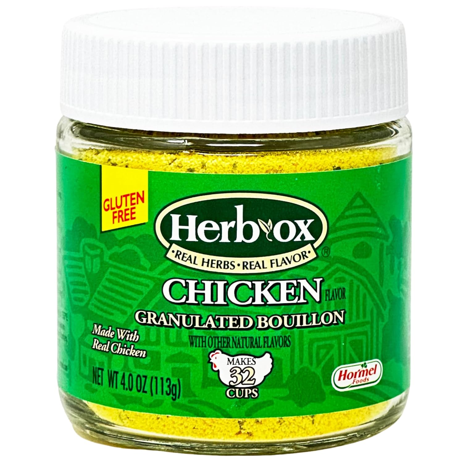 Paquete de polvo de caldo de pollo Herb Ox con (2) frascos de 4 onzas de gránulos de caldo de pollo sin gluten Herbox y (1) Una cuchara medidora