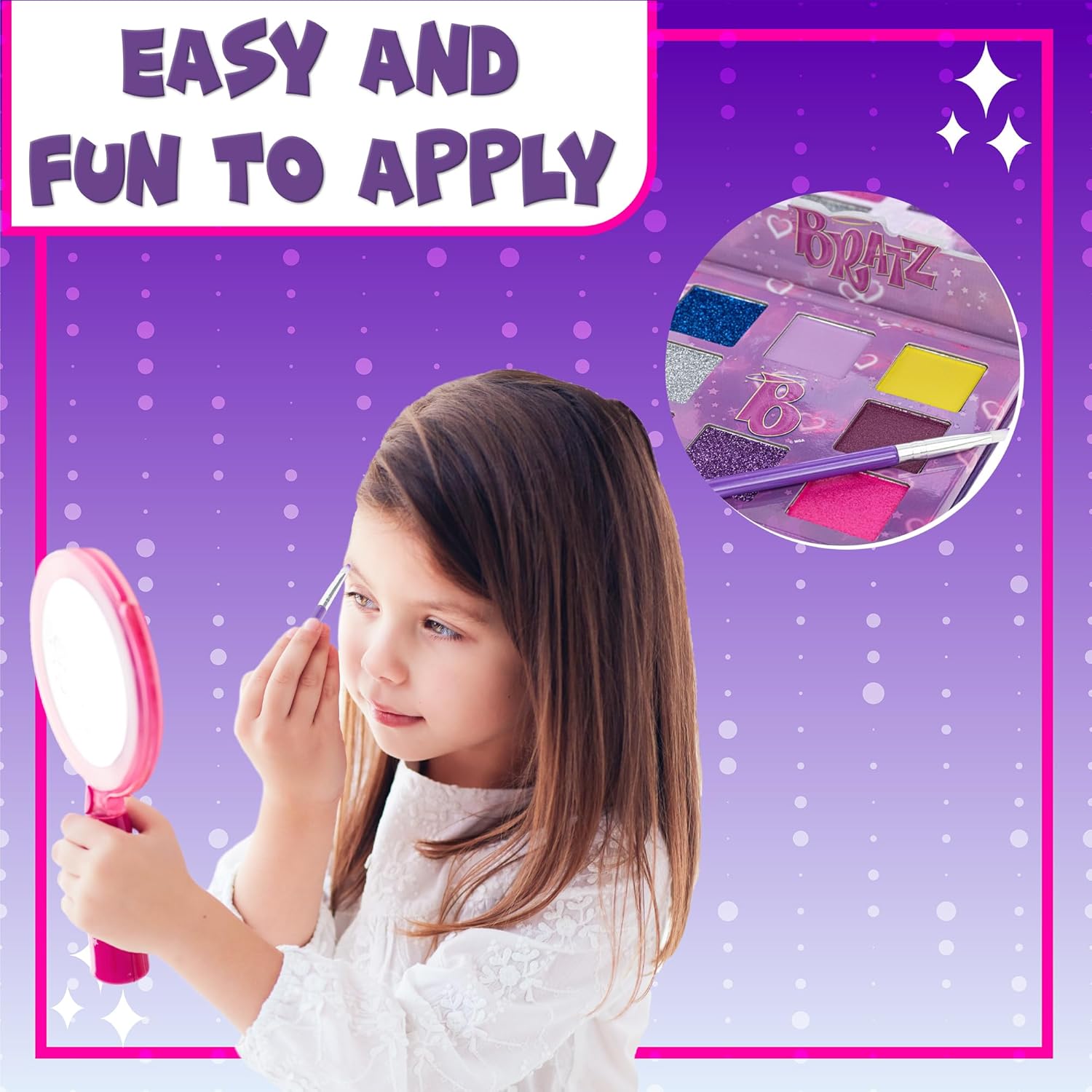 Townley Girl Bratz Paleta de sombra de ojos de 8 pozos, colores brillantes, pigmentada mezclable, 1 cepillo de aplicación, no tóxico, perfecto para