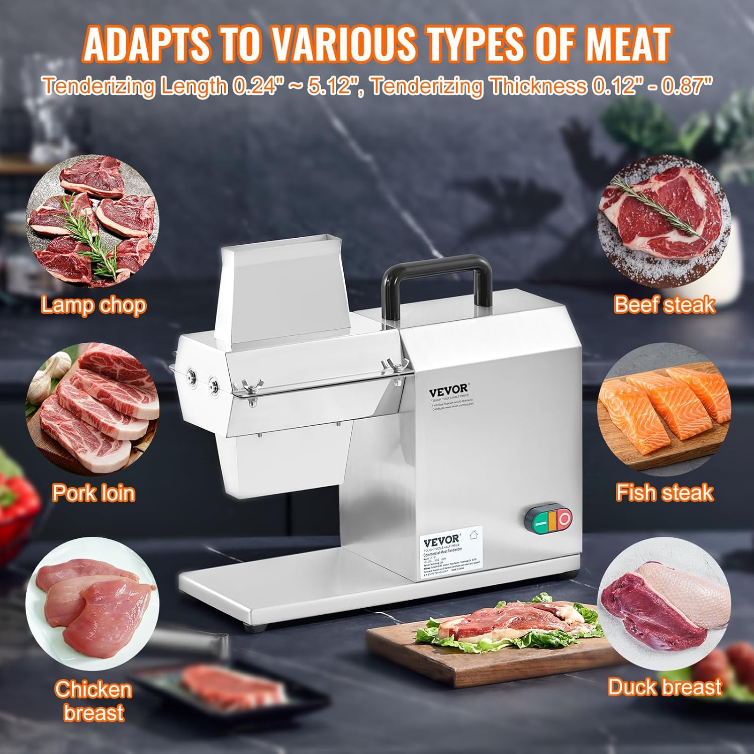 VEVOR Ablandador de carne comercial, herramienta de cocina de acero inoxidable resistente con asa, pinza para carne y cepillo de limpieza, máquina