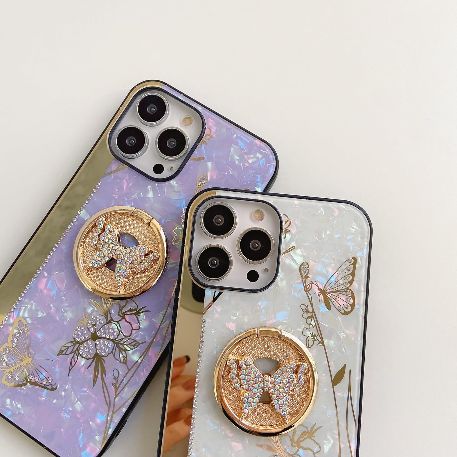 AmazFCCY Funda con función atril para iPhone 15 Pro Max de 6.7 pulgadas, bonita mariposa 3D con diamantes de imitación de lujo con purpurina
