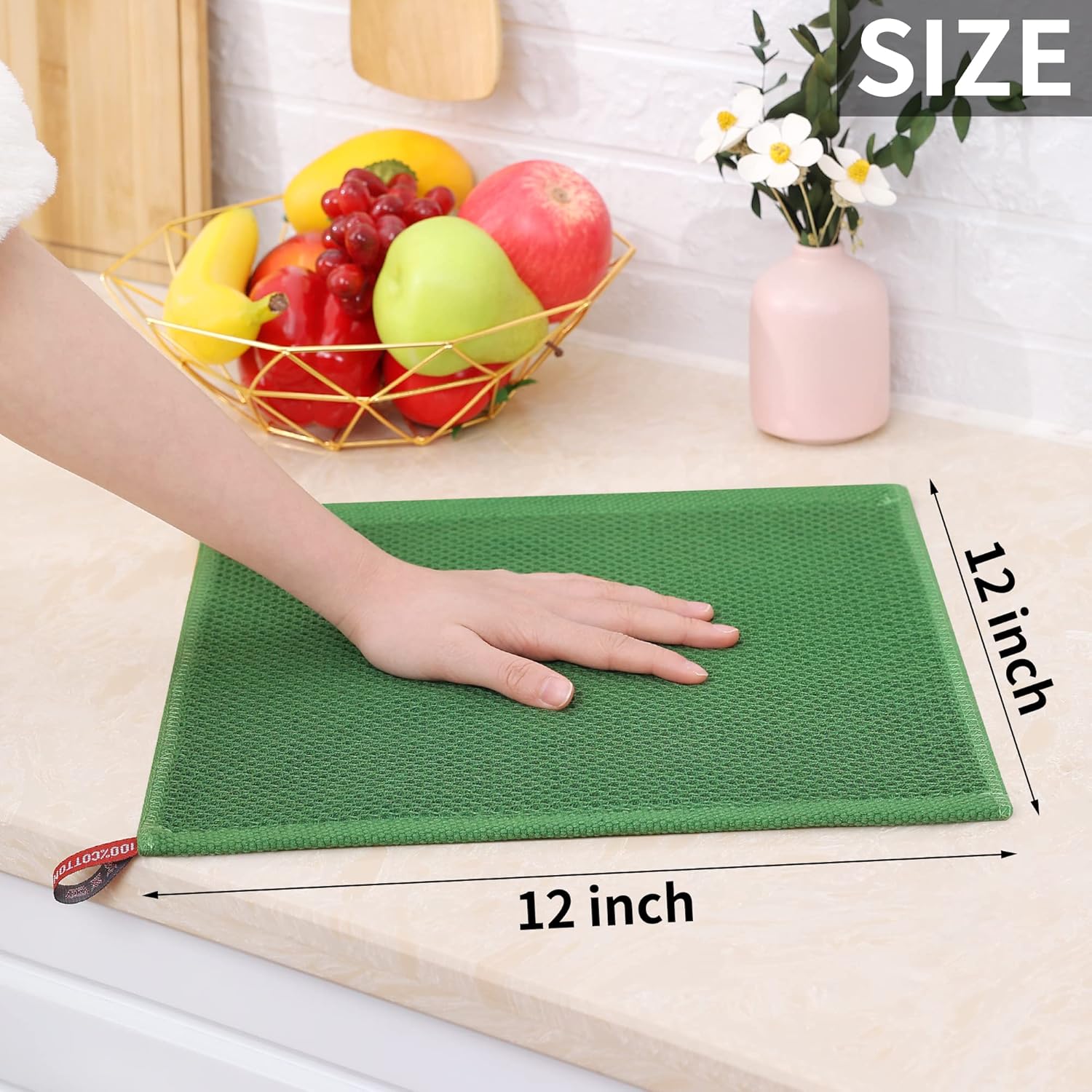 Homaxy Paños de cocina de 100% algodón con tejido de gofre, ultra suaves, absorbentes, de secado rápido, 12 x 12 pulgadas, paquete de 12, verde