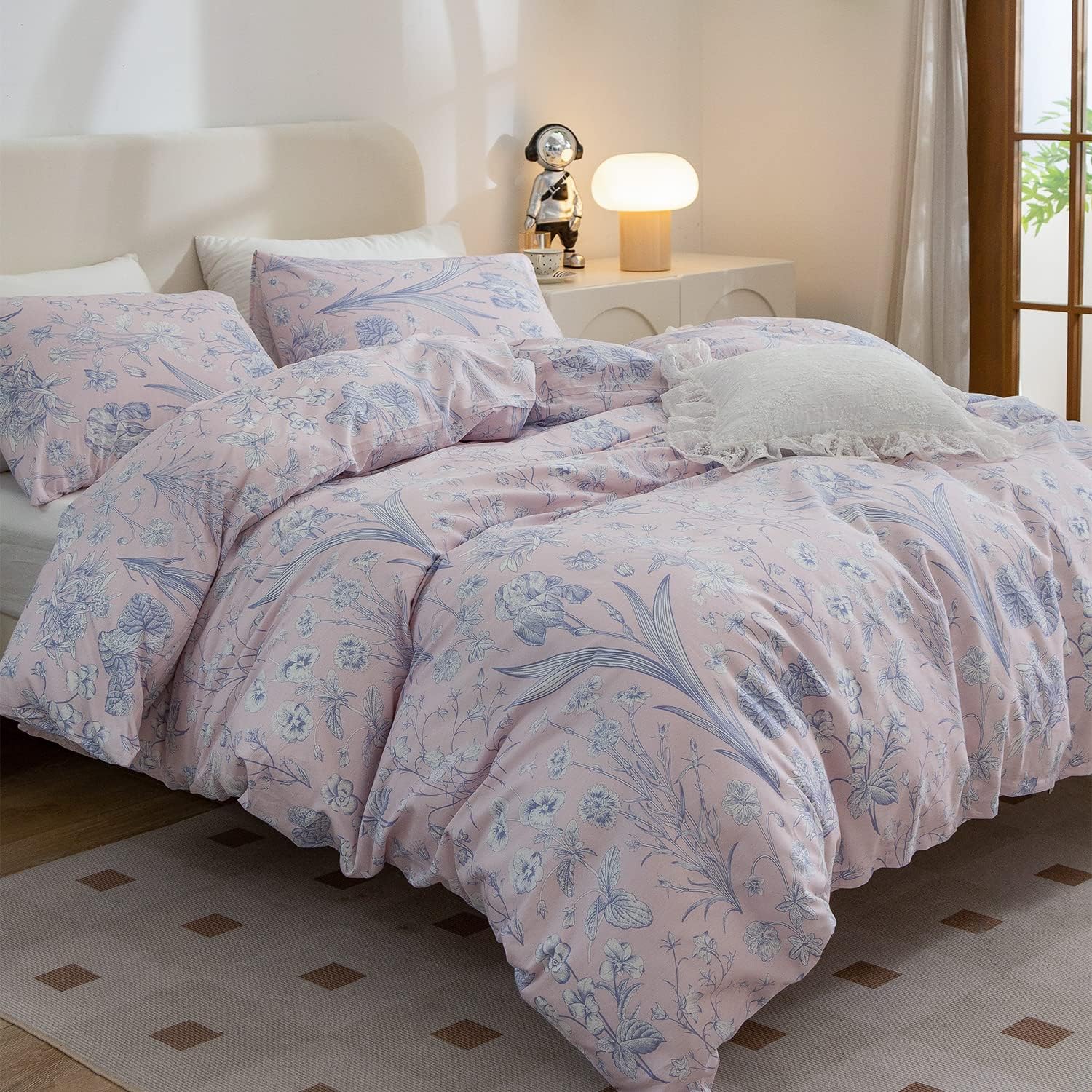 Funda de edredón, 100 % algodón, juego de ropa de cama de 3 piezas con diseño floral en rosa para niñas, estampado elegante estilo jardín con ramas