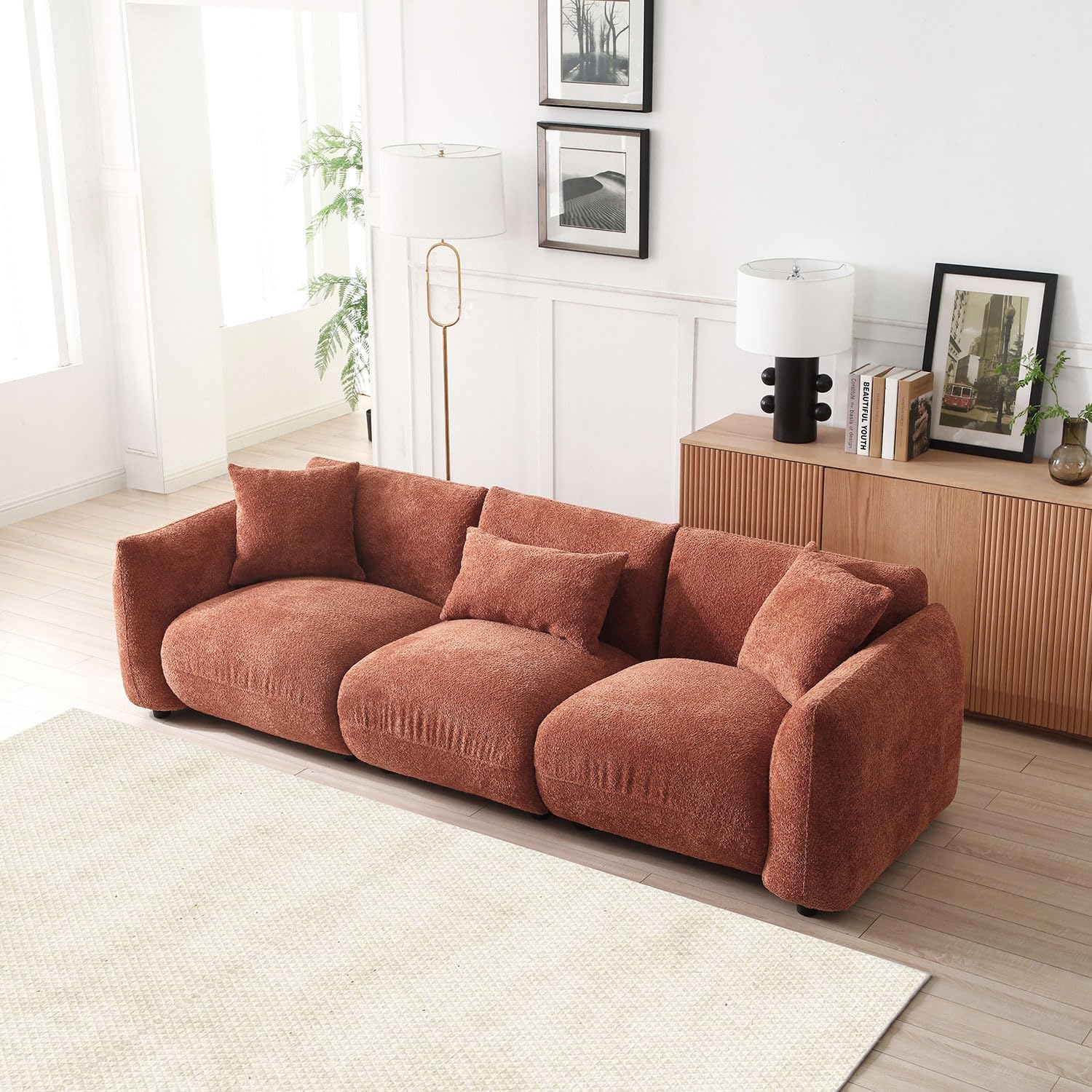 WILLIAMSPACE Sofá modular de 102.36 pulgadas para sala de estar, sofá moderno tapizado en la nube, sofá Boucle con 3 almohadas, 4 asientos de
