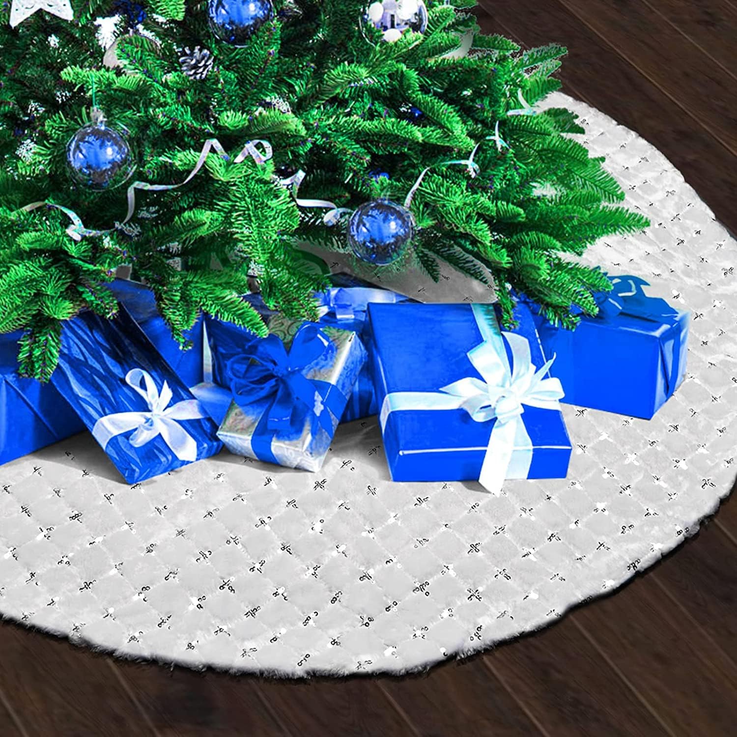 DegGod Faldas de árbol de Navidad blancas como la nieve con lentejuelas plateadas, 30 pulgadas de piel sintética de felpa para árbol de Navidad,