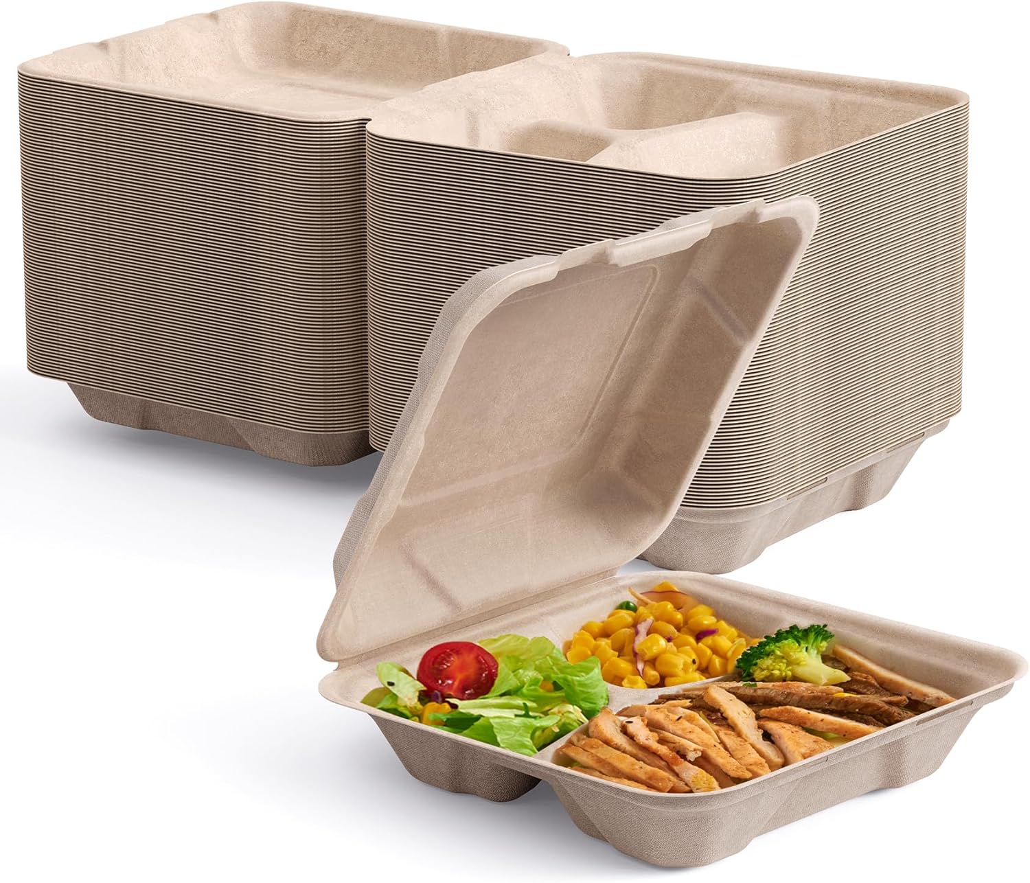 ECOLipak Paquete de 50 recipientes Clamshell To Go, contenedores de alimentos desechables 100% compostables, 8 x 8 con 3 compartimentos, resistentes