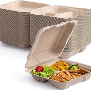 ECOLipak Paquete de 50 recipientes Clamshell To Go, contenedores de alimentos desechables 100% compostables, 8 x 8 con 3 compartimentos, resistentes ECOLipak Paquete de 50 recipientes Clamshell To Go, contenedores de alimentos desechables 100% compostables, 8 x 8 con 3 compartimentos, resistentes