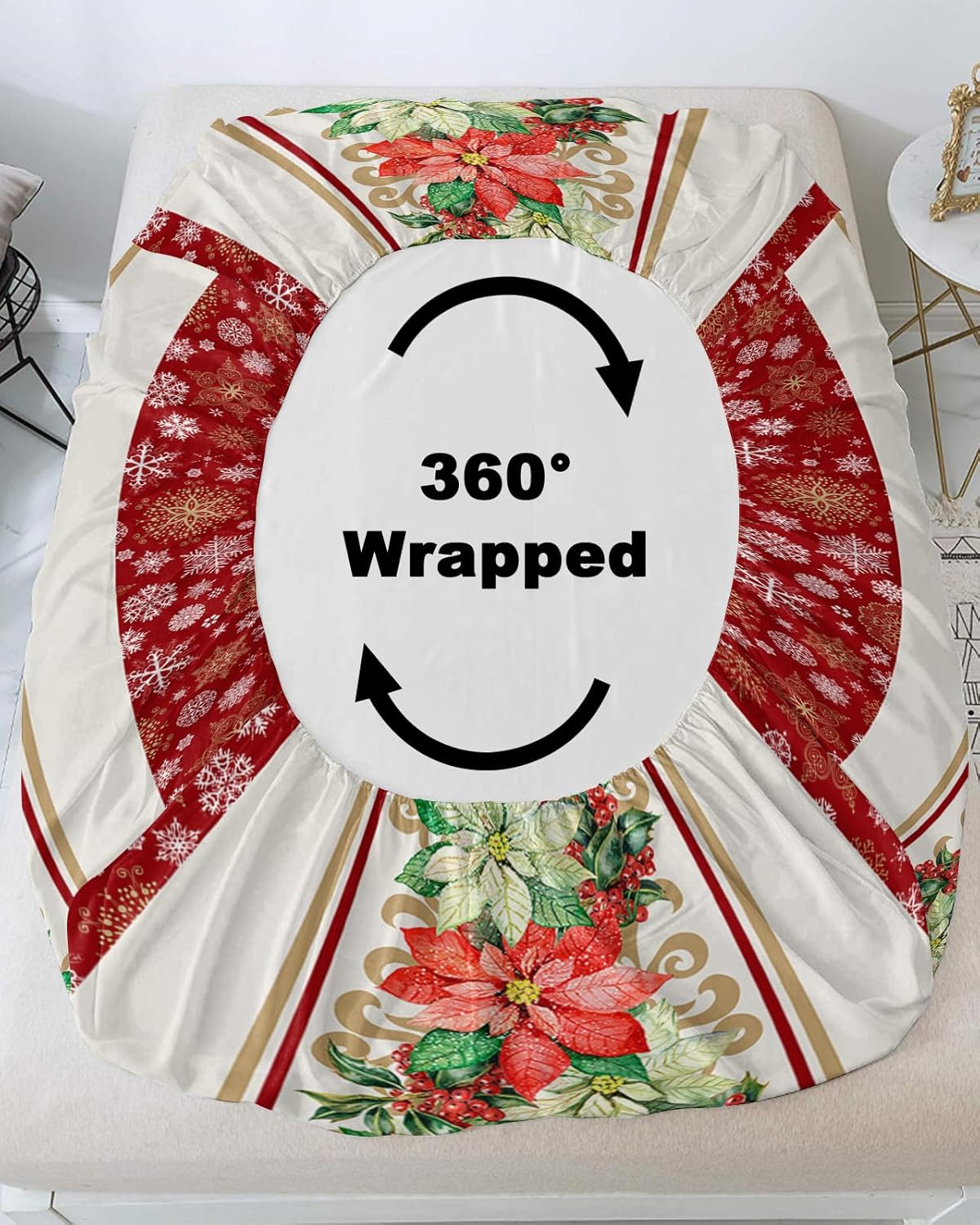 Christmas Winter Poinsettia Flower Fitted Bed Sheets California King Size Fit 5-16inch Deep Pockets,Bottom Sheet Bedding Set with Pillow Case,White