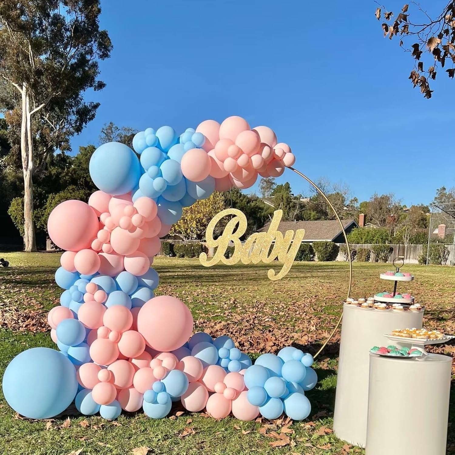 Kit de arco de globos rosa y azul, 100 piezas de guirnalda de globos azul claro y rosa macarrón para revelación de género, globos de diferentes