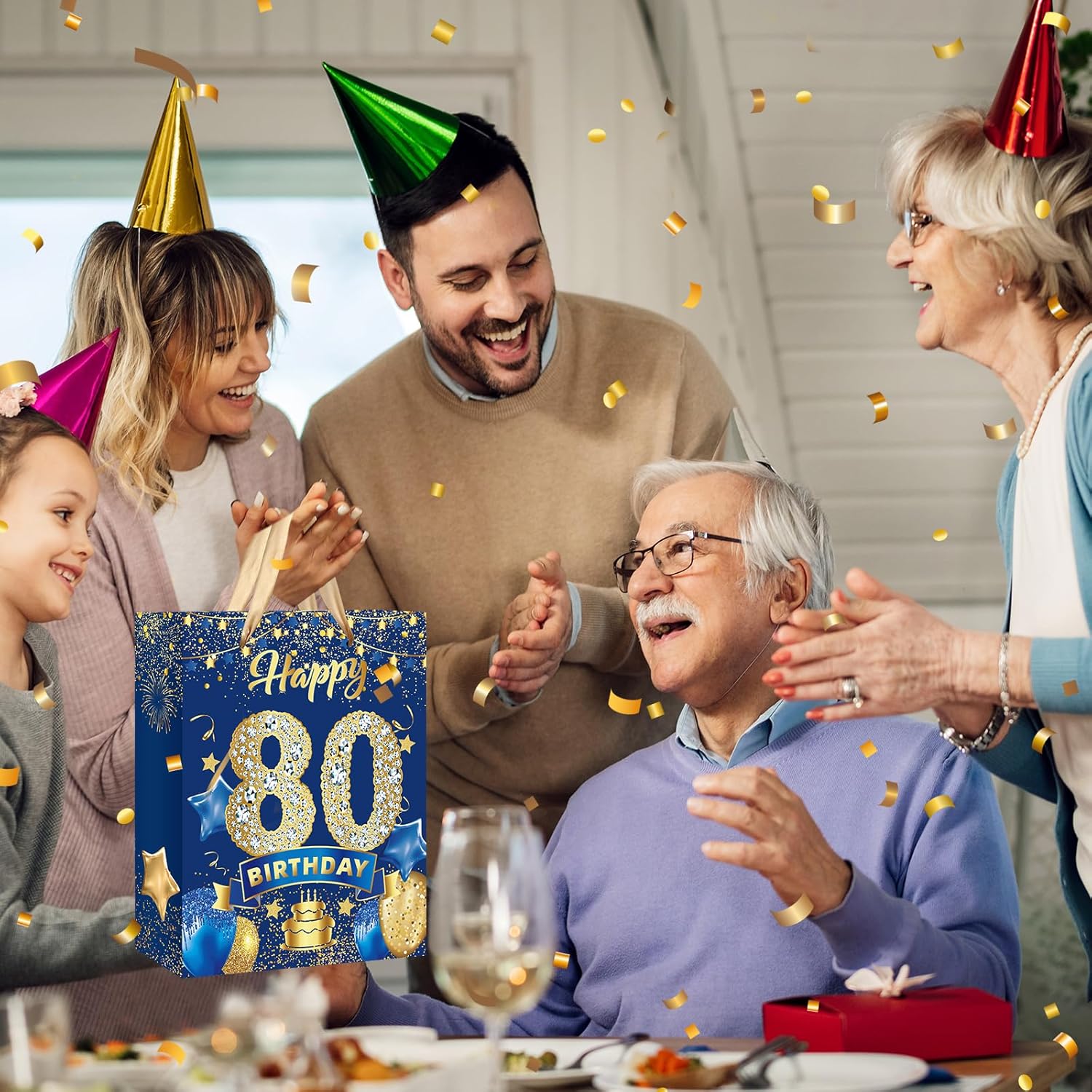 Bolsa de regalo azul para cumpleaños de 80 años, grande, azul marino y dorado, bolsa de regalo de feliz cumpleaños con tarjeta y 3 piezas de papel
