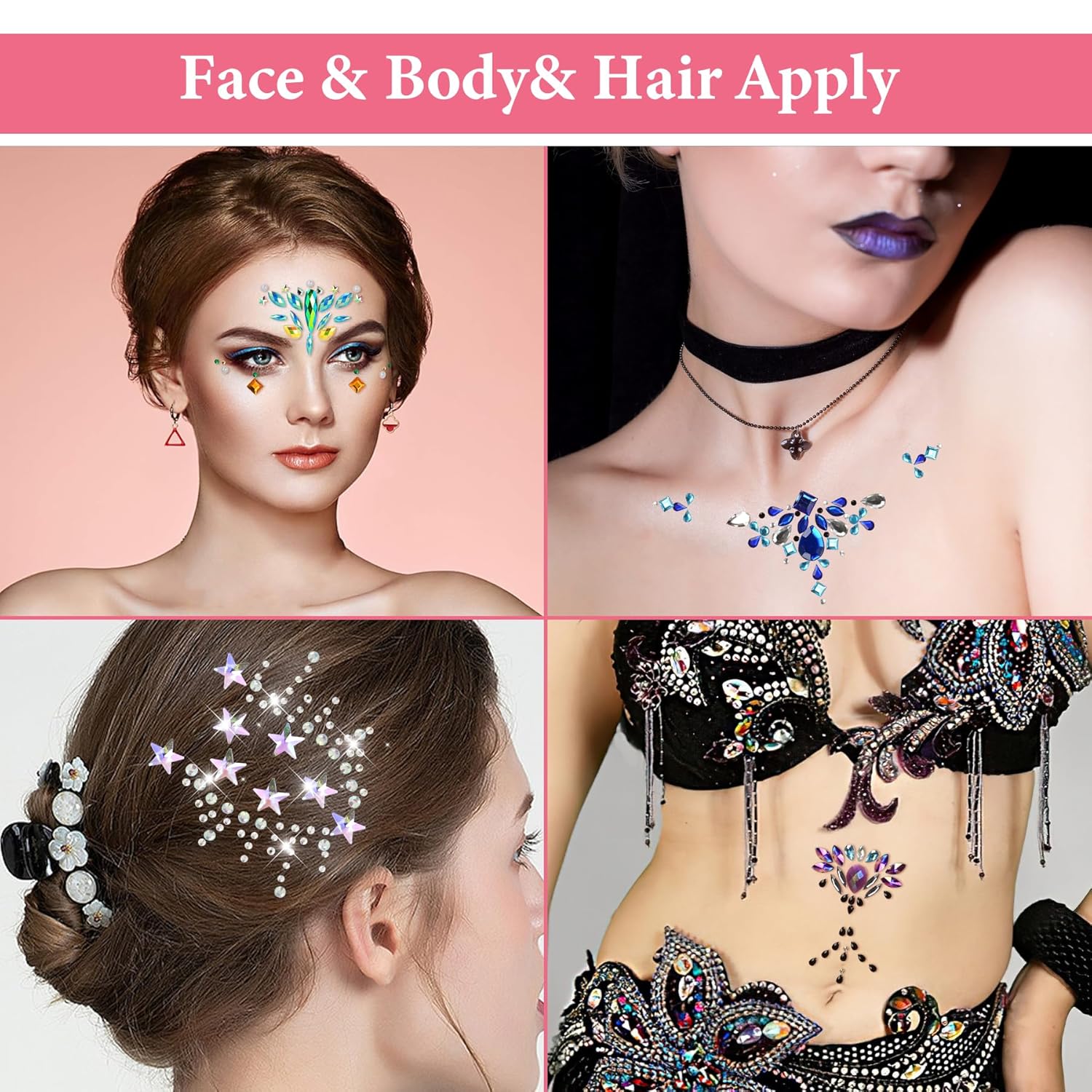 12 juegos de joyas para la cara, diamantes de imitación de sirena para tatuajes temporales, joyas corporales, calcomanías de cristal, gemas faciales
