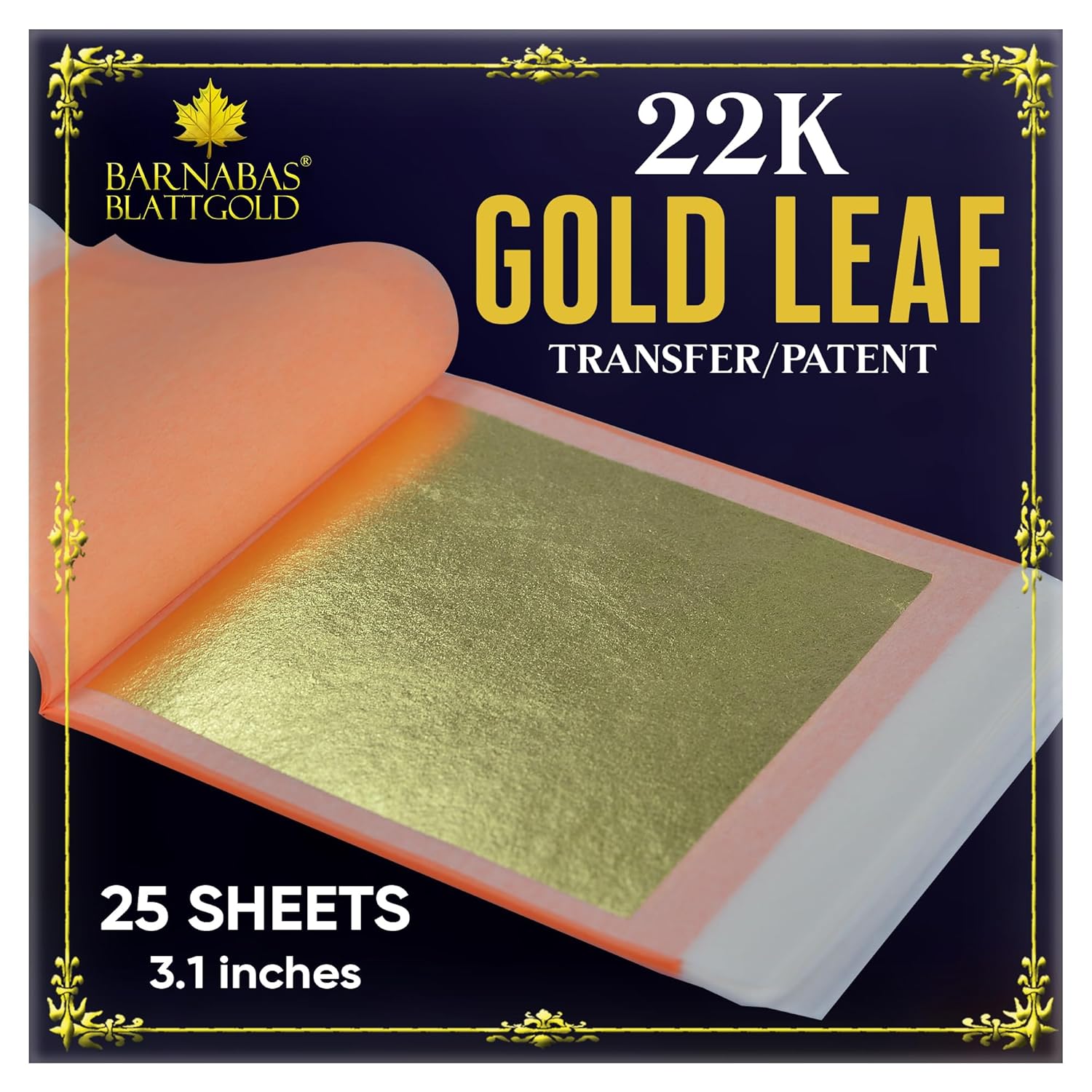 Barnabas Blattgold Hoja de oro, oro real de 22 quilates 25 hojas, 3.1 pulgadas – Patente de transferencia para pintura, artes y manualidades