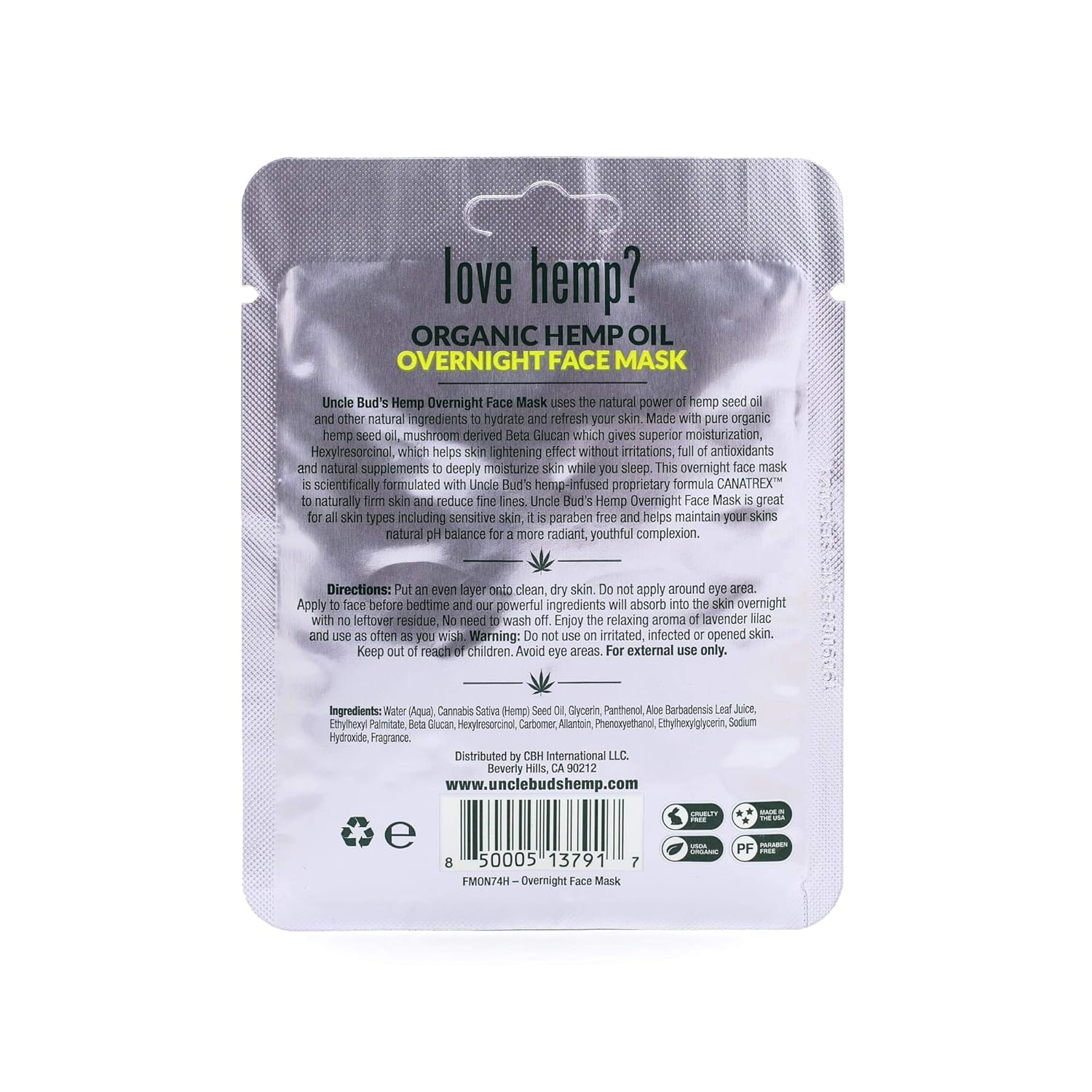 Mascarilla de cáñamo durante la noche con aceite de semilla de cáñamo orgánico puro  Paquete de 6