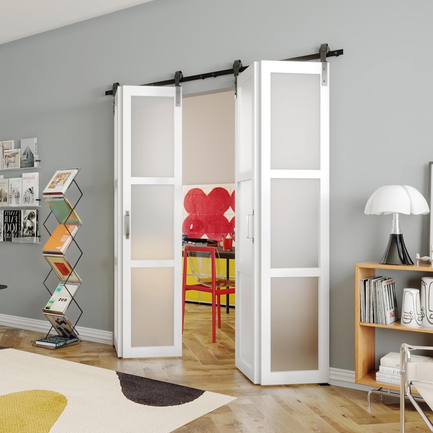 Puerta corredera de granero biplegable de 72 pulgadas x 2 pulgadas x 84 pulgadas, panel de vidrio templado esmerilado de 3 litros con juego de