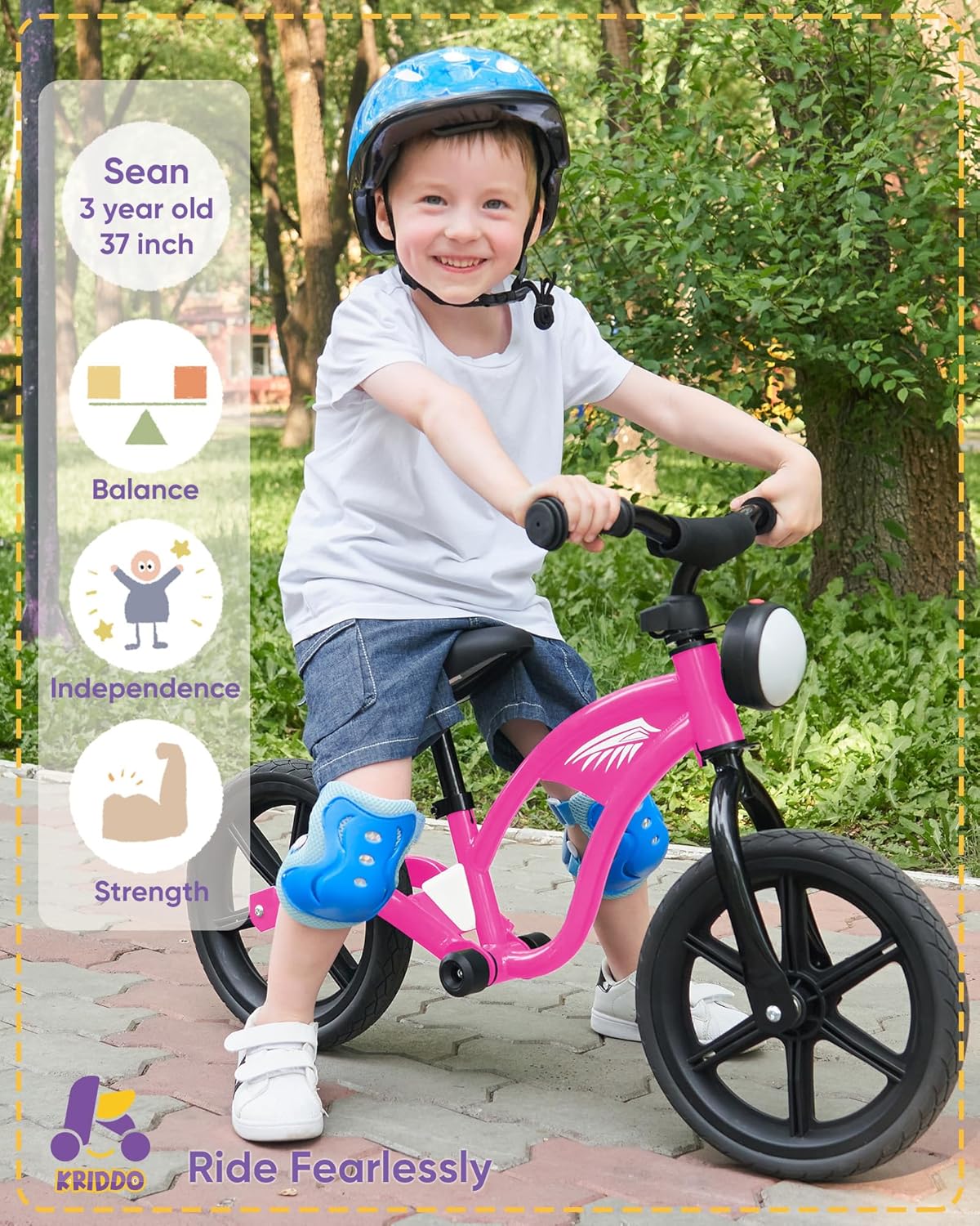KRIDDO Bicicleta de equilibrio para niños de 2 años, de 24 meses a 5 años, luz delantera, rueda de goma, bicicleta de regalo para niños y niñas de 2