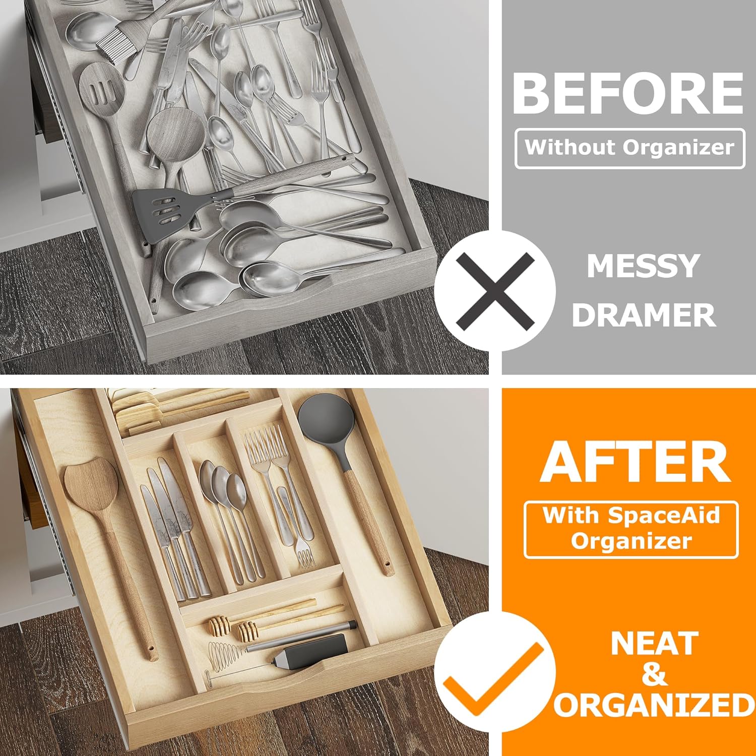 Organizador de cajones de cocina, organizador de utensilios para cajones de cocina, organizador de utensilios de cajón de madera, organizador de