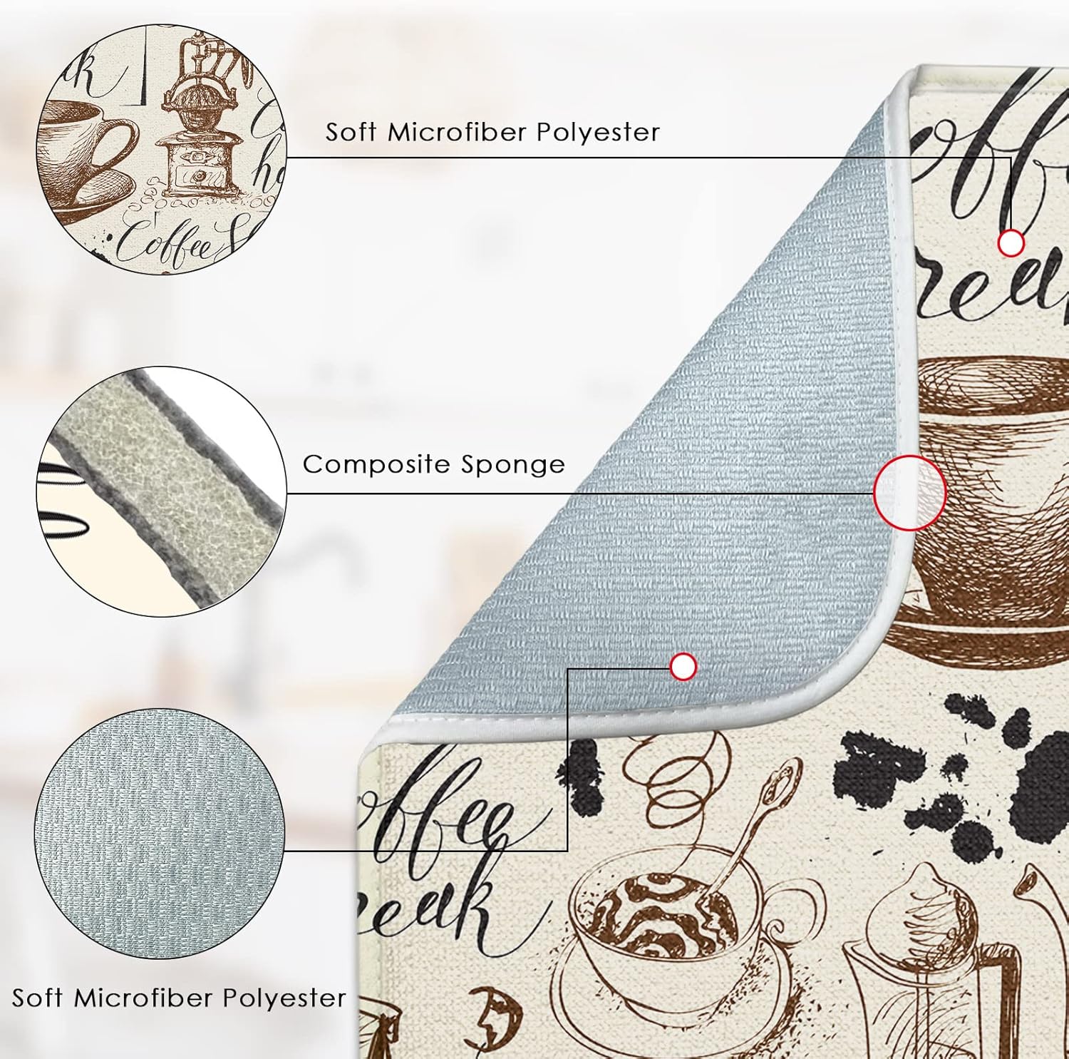 Tapete absorbente para secar platos, Coffee House Blobs Inscriptions, almohadilla de microfibra adecuada para encimera de cocina, decoración de
