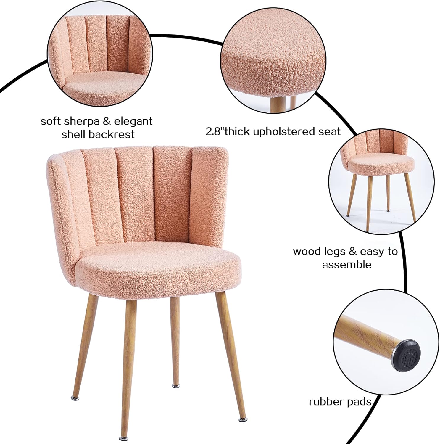 ATSNOW Juego de 2 sillas decorativas de sherpa rosa melocotón, modernas sillas laterales tapizadas de mediados de siglo para comedor, sala de estar,