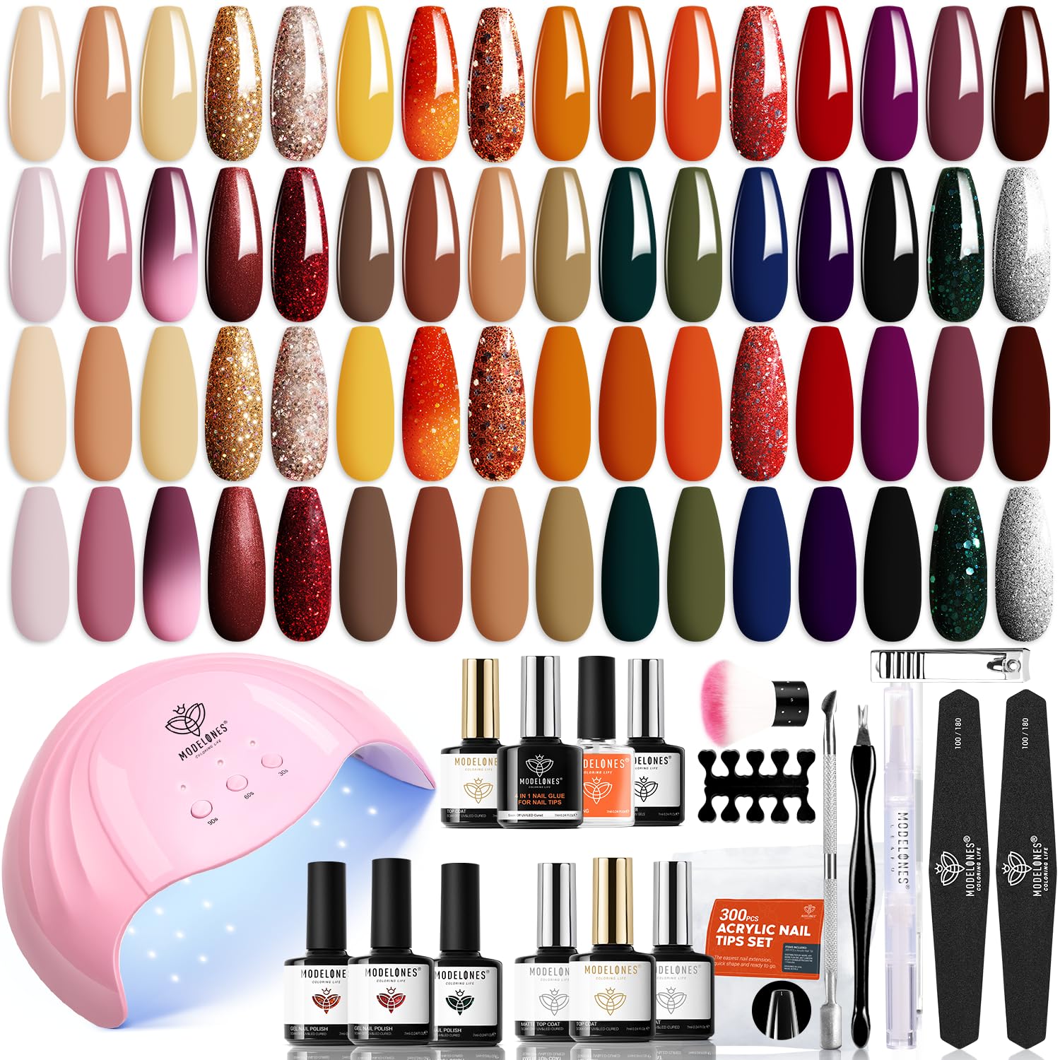 Modelones Kit de esmalte de uñas de gel de 32 colores otoñales con luz UV  49 piezas amarillo, naranja, marrón, rojizo rojo burdeos, kit de manicura