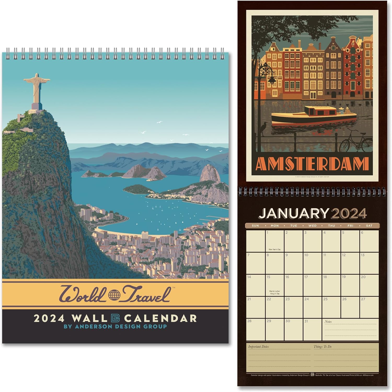 Americanflat Calendario 2024  Diseño de destinos de viaje mundial  Calendario de pared grande con formato mensual  Calendario mensual colgante  10 x