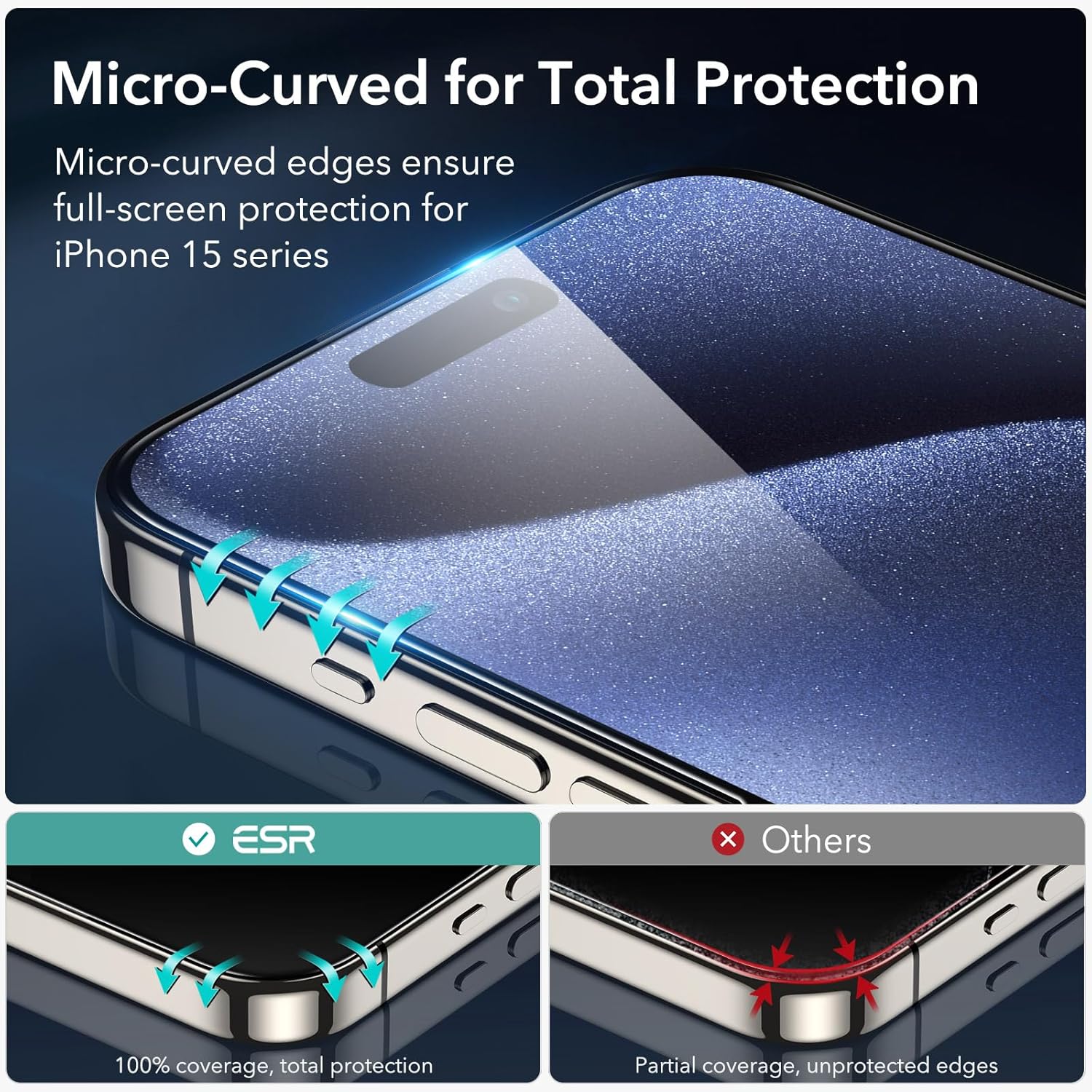 ESR Juego de 3+2 protectores de pantalla Armorite para iPhone 15 Pro Max, vidrio templado ultra resistente, marco de fácil instalación, paquete de 3