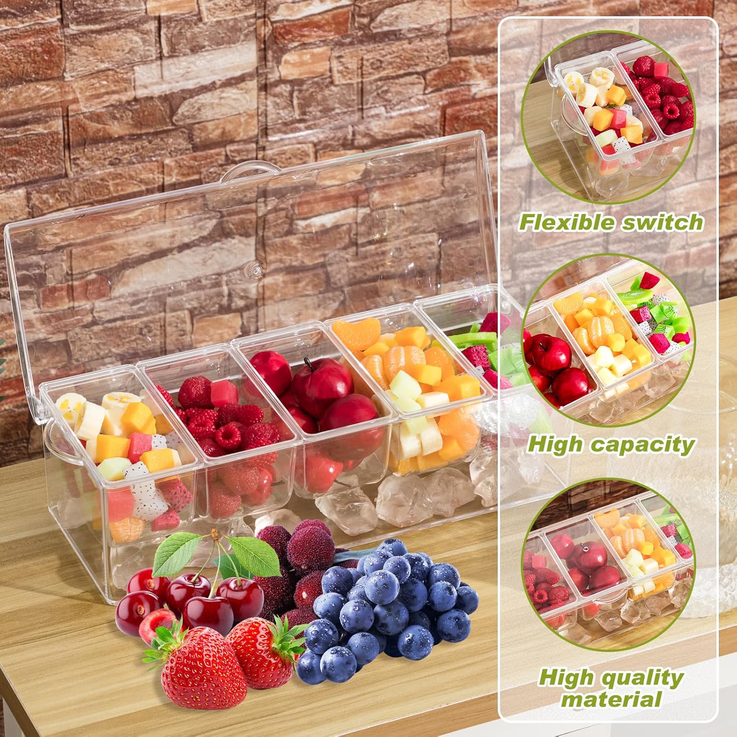 Seewey Bandeja de condimentos con 2 botellas de jugo de fruta y licor, 12 piezas de vertedores de botellas de licor, bandeja de condimentos