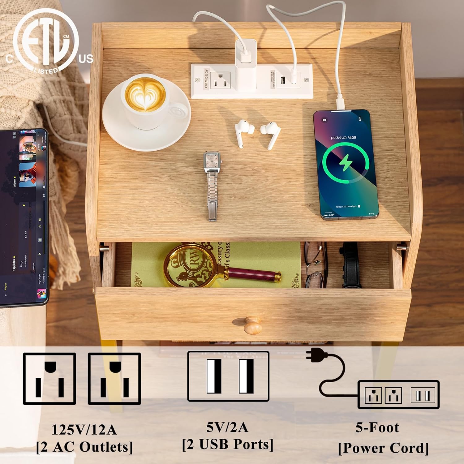 Lerliuo Mesita de noche con estación de carga y puertos USB, mesita de noche natural con cajones de almacenamiento, mesa auxiliar pequeña de 3