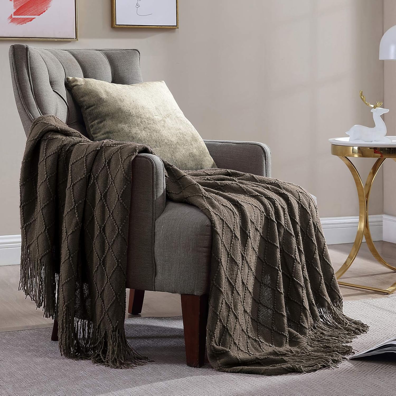 Walensee – Manta para sofá, manta tejida 100% acrílica, manta decorativa ligera con borlas para silla, cama, sofá, viaje, apta para todas las