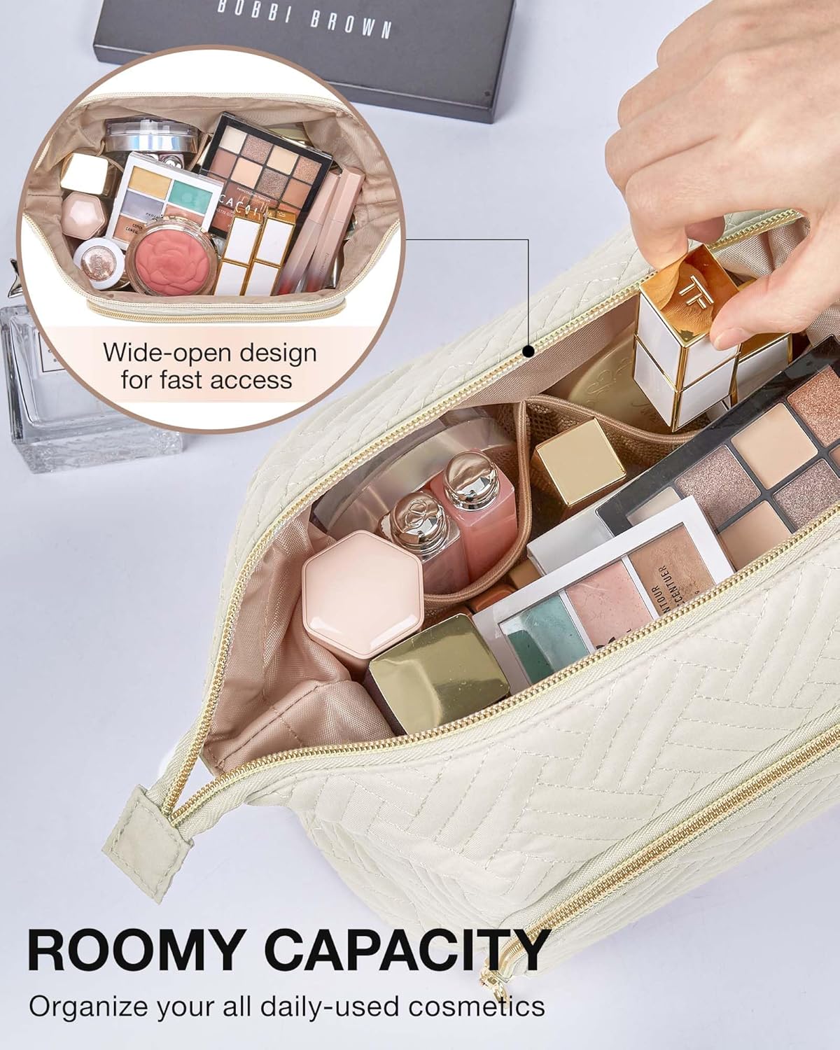 BAGSMART Bolsa de maquillaje de viaje, bolsa de cosméticos, estuche organizador de maquillaje, bolsa grande de apertura amplia para mujeres, bolso