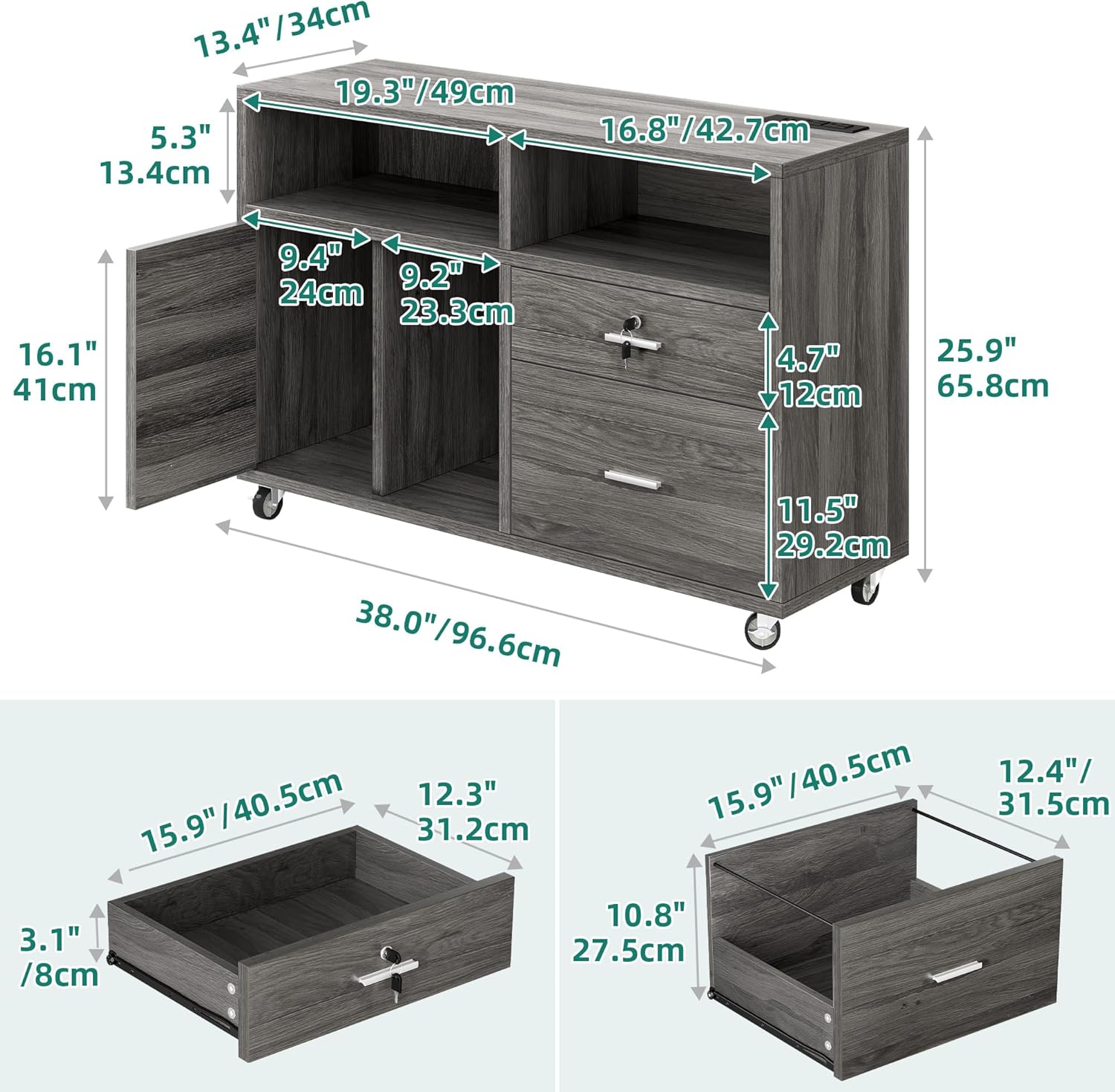 YITAHOME Archivador lateral de madera, gabinete de almacenamiento móvil de 2 cajones, compatible con A4, letra y legal, soporte de impresora con