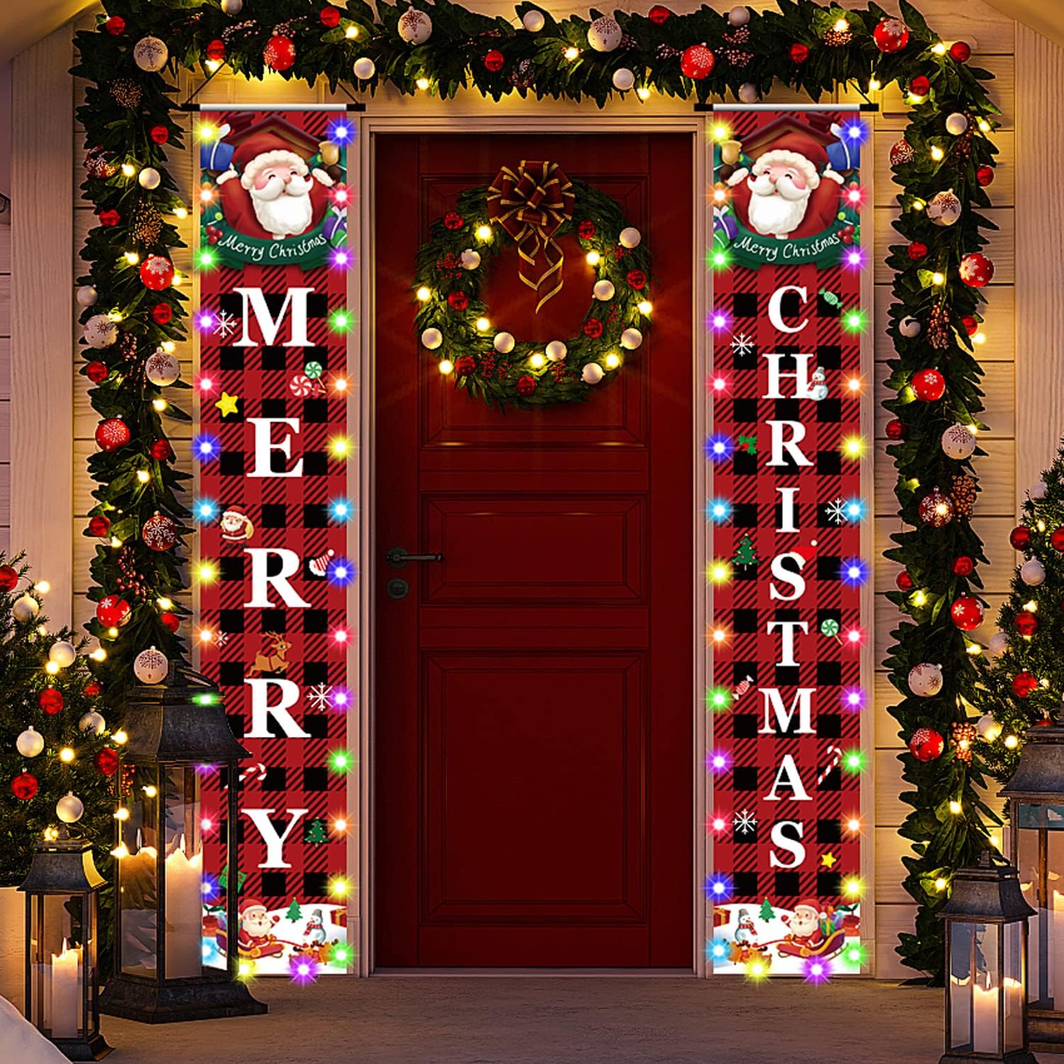Decoraciones de Navidad para exteriores, letrero reversible para porche con cadena de luces, carteles colgantes de Feliz Navidad para puerta