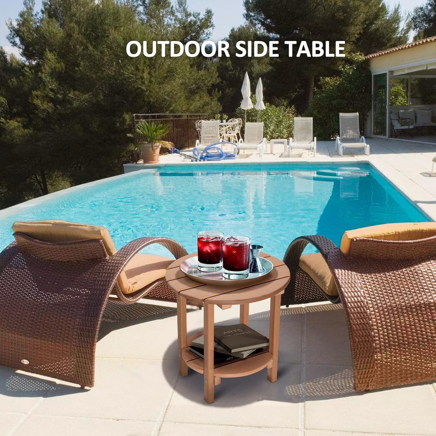 LOENIY Mesa auxiliar de 2 niveles para exteriores HDPE Adirondack mesa auxiliar para patio con grano similar a la madera, mesa auxiliar resistente a