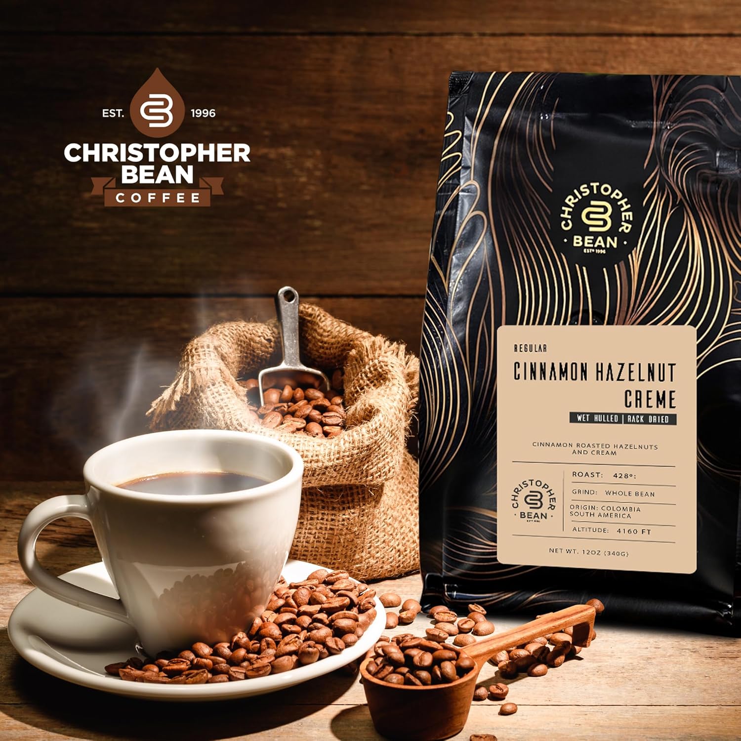 Christopher Bean Coffee – Café con sabor a crema de avellana y canela (grano entero normal) 100% arábica, sin azúcar, sin grasas, hecho con sabores